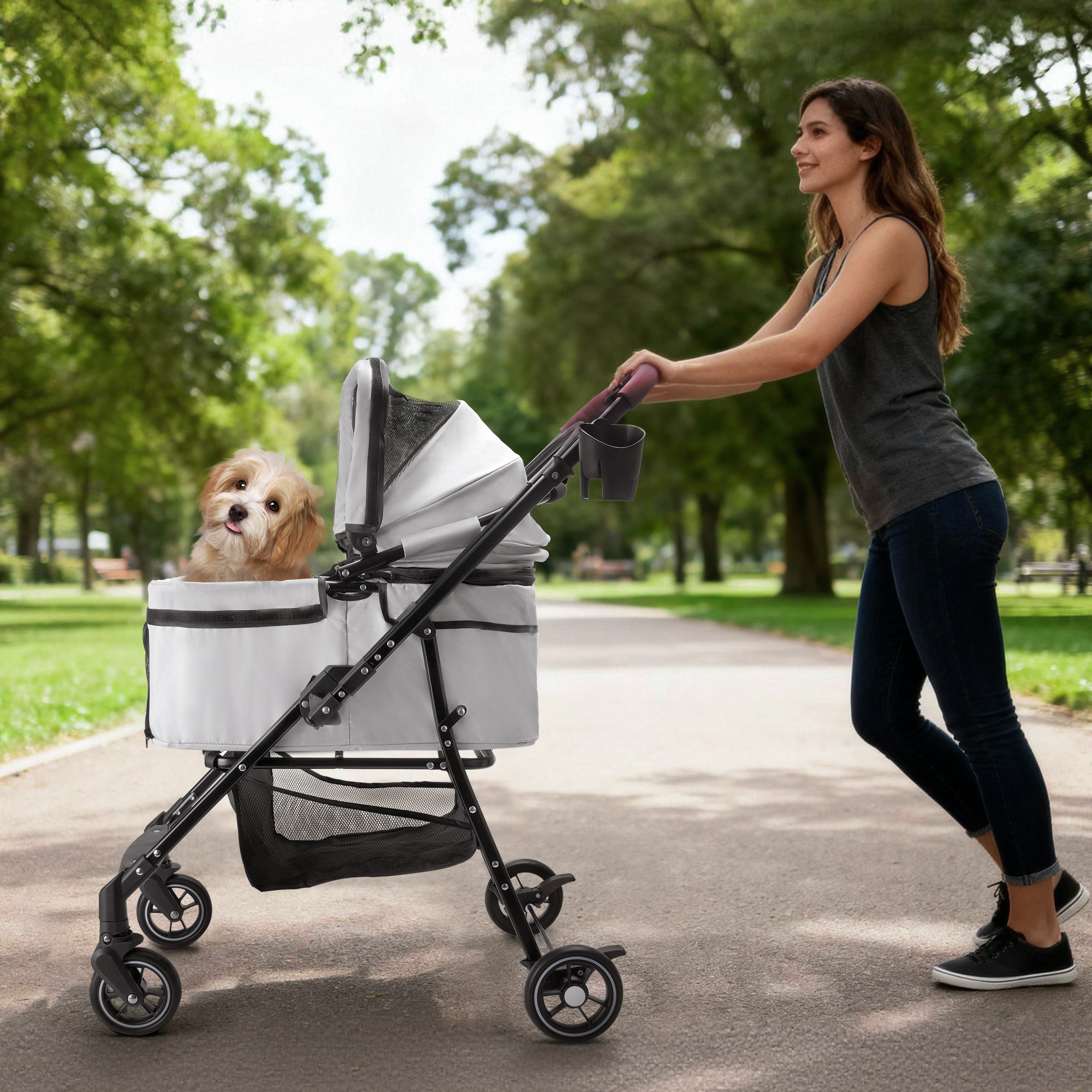 Cochecito Plegable de 4 Ruedas para Perros y Gatos, Ruedas Giratorias 360°, Portador Separable y Bolsa de Viaje para Animales Pequeños — imagen 7