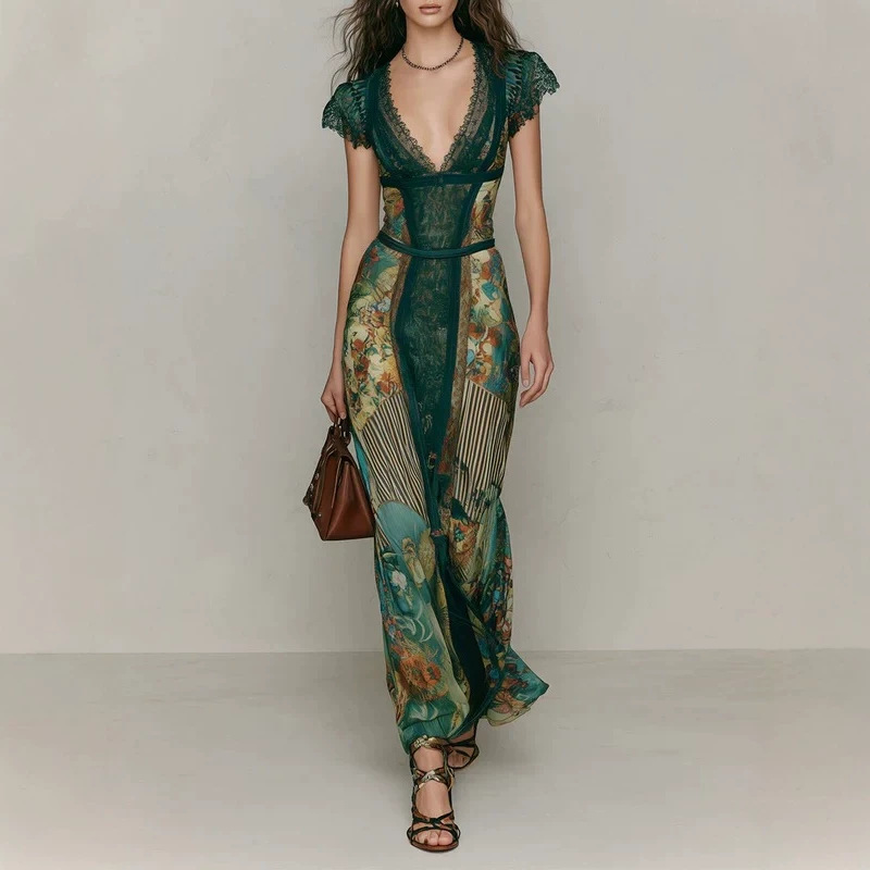 Vintage Emerald Green Lace V-Neck Short Sleeve Patchwork Oil Painting Print Fitted Flared Vacation Fish Tail Long Dress — image 1
