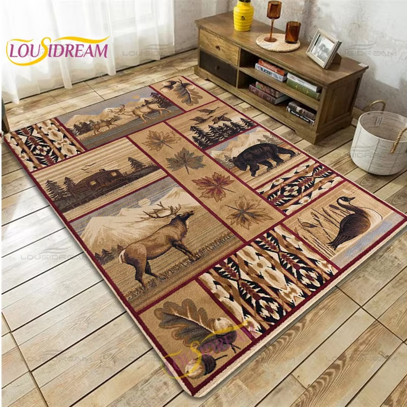 Country Style Farmhouse Lodge Bear Moose Deer Soft Rug Square Flannel Home Rug Vintage Home Living Room Floor Mats Bedroom Rug — image 4