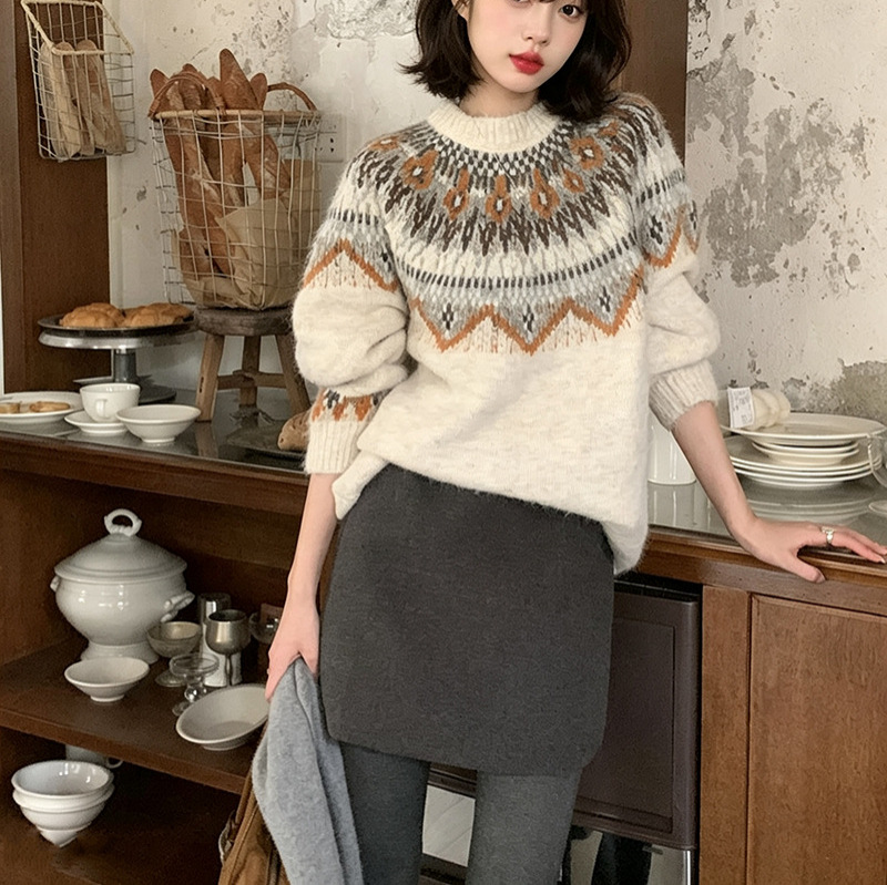 Vintage Fair Isle Faux Alpaca Wool Crew Neck Pullover Sweater Relaxed Fit — image 6