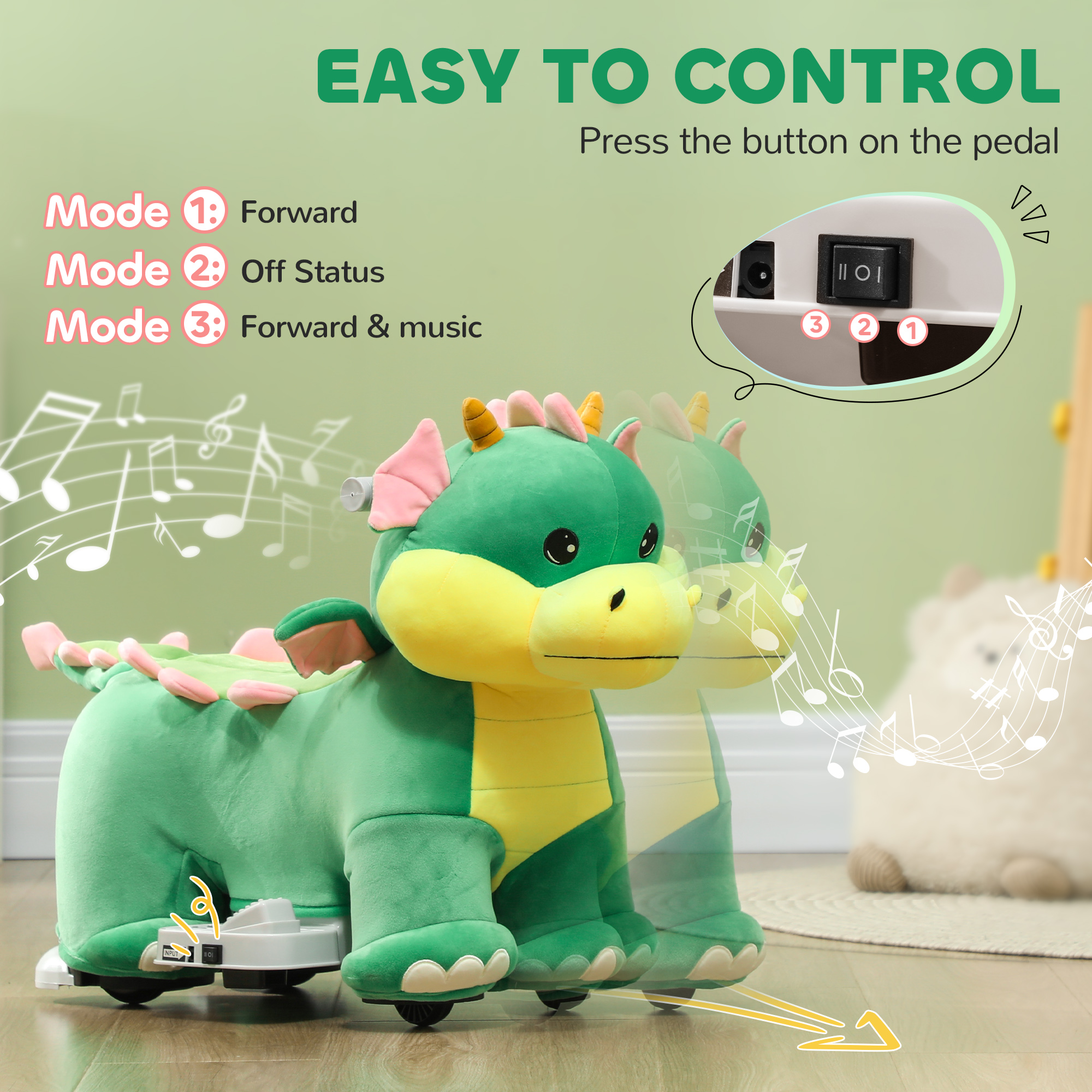 Caballo eléctrico de paseo con batería, 6V con música hacia adelante, ruedas PU, para 18-36 meses, verde — imagen 5