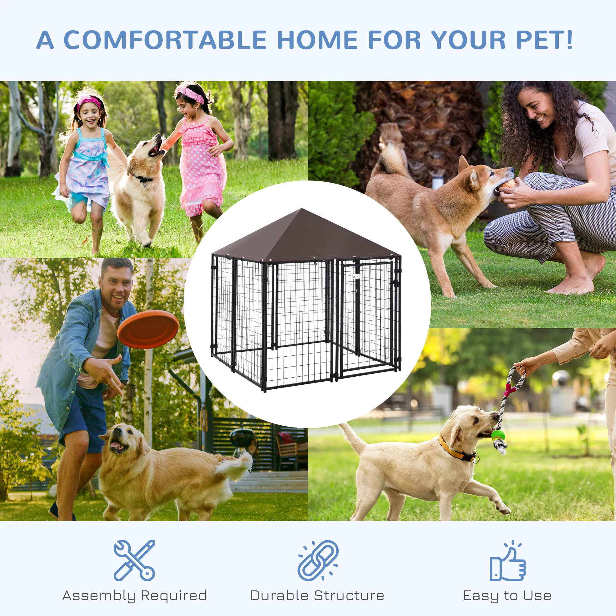 Outdoor Dog Kennel, Welded Wire Steel Fence, Lockable Pet Playpen Crate, with Water-, UV-Resistant Canopy Top, Door, 4.6ft x 4.6ft x 5ft, Black — image 4