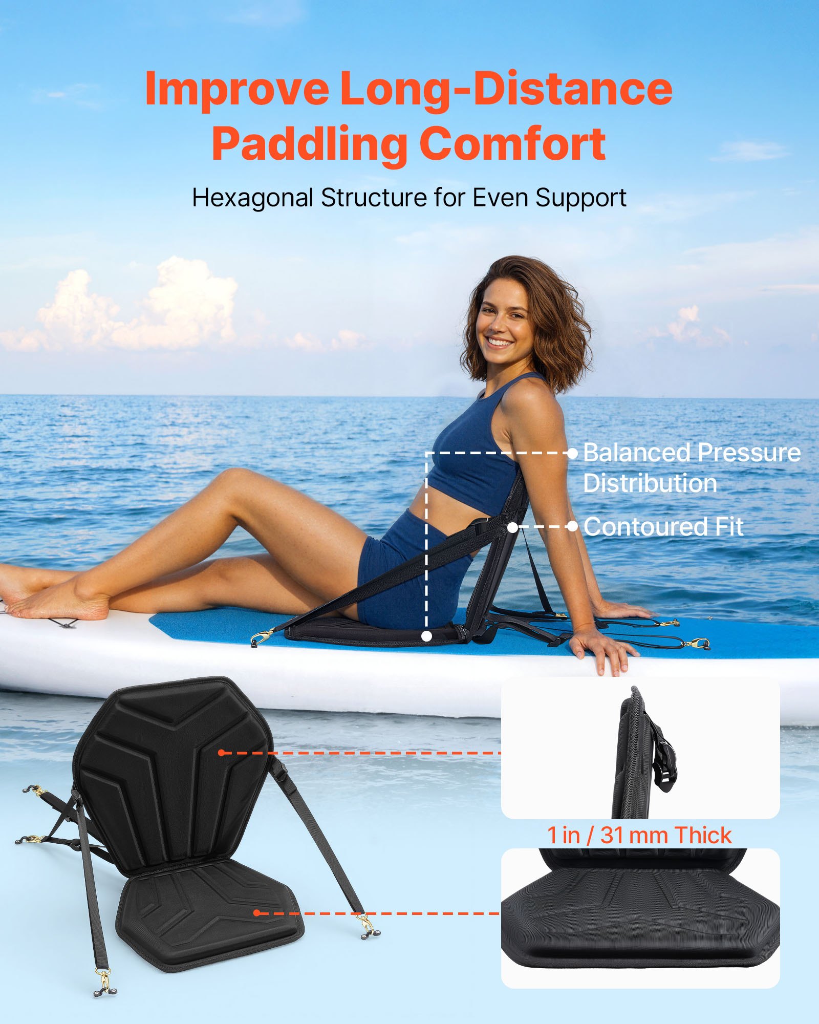 Kayak Seat, 1 Pack 1" Thick, Universal Paddle Board Seat With Back Support, Hexagonal Sit-on-Top Soft Padded Cushion With Storage Bag & Adjustable Straps For SUP, Fishing Boat, Inflatable Kayak — imagen 2