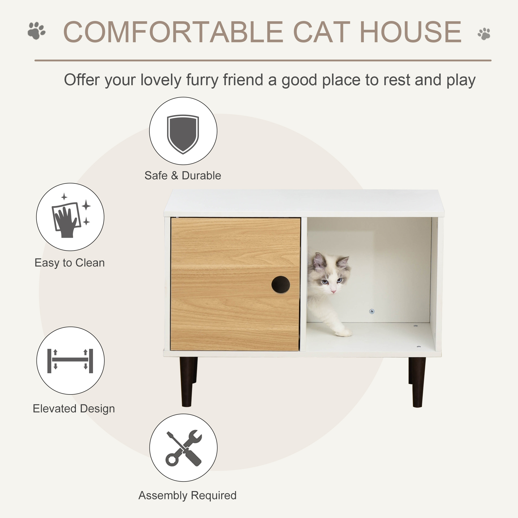 Casa de Madera para Gatos con Almohadilla Suave, Condominio Decorativo para Mascotas con Mesa Lateral y Espacio de Almacenamiento — imagen 5