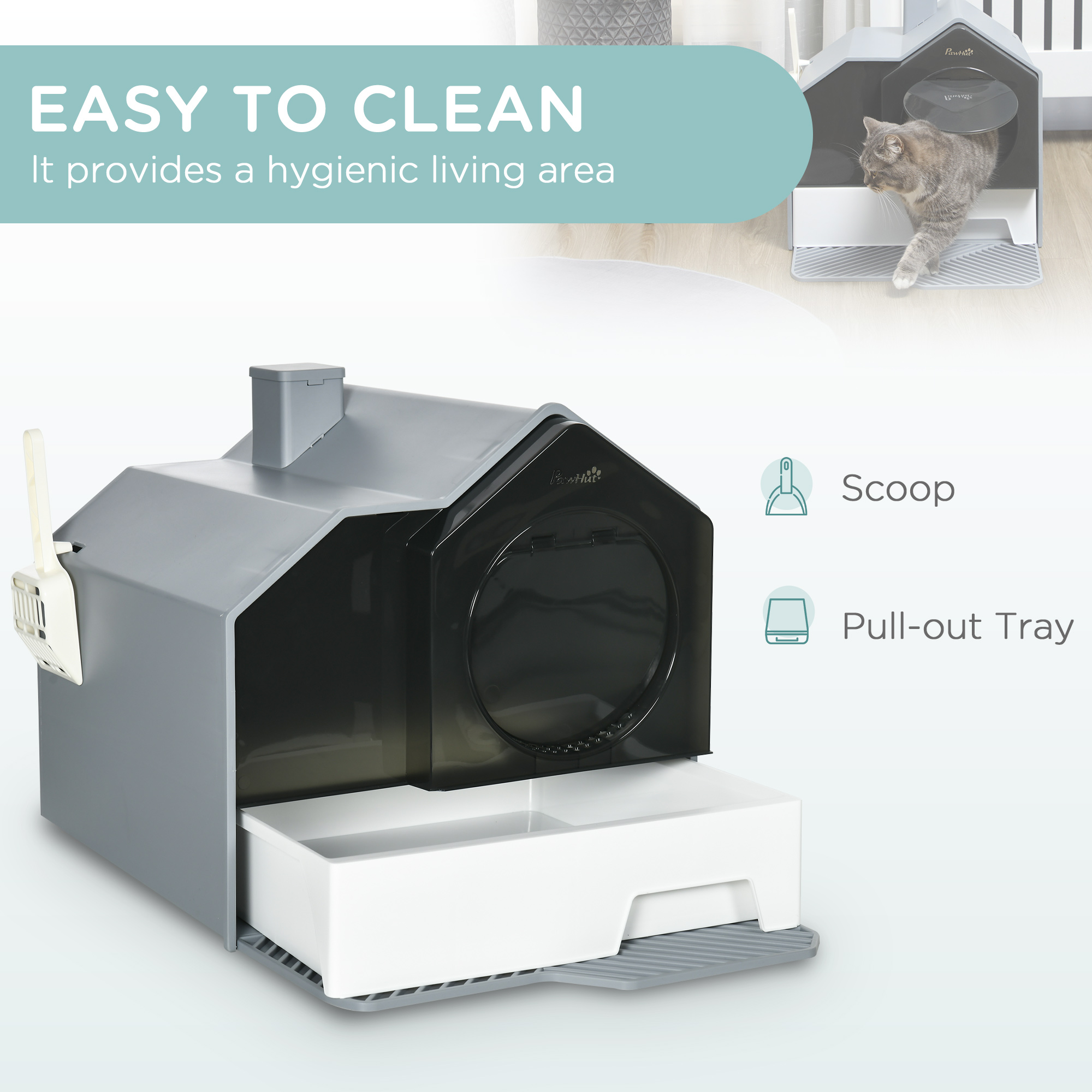 Hooded Cat Litter Box W/ Litter Mat, Litter Particle Catching, Gray — imagen 2