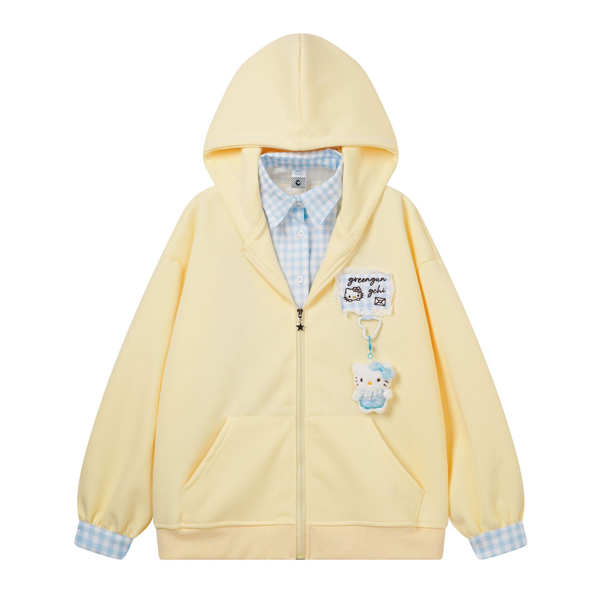 Cute Plaid Patchwork Hooded Sweatshirt with Cat Charm, Fake Two-Piece Cardigan Design — image 4
