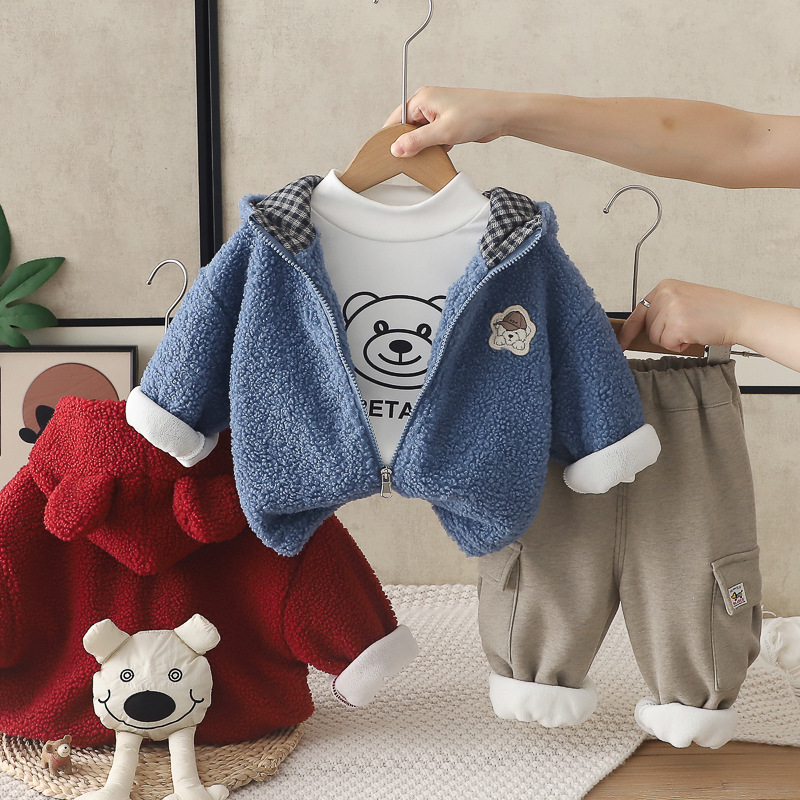 Boys Autumn Winter Fleece Lined Thickened Puppy Print Hooded 3-Piece Set Kids Clothes — image 3