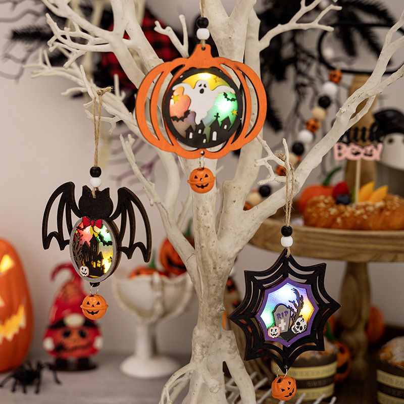 Lámpara de Pumkin de Madera para Colgar, Decoración de Ambiente de Halloween, Pendiente de Araña y Fantasma — imagen 5