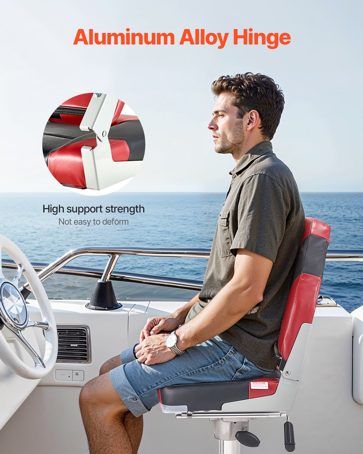 Boat Seat, High Backrest, Folding Fishing Boat Seat With Thickened Sponge Cushion & Waterproof PVC Leather, Aluminum Alloy Hinges, Flip Up Boat Seat For Boats, Yachts, Ships, Black & Red — imagen 5