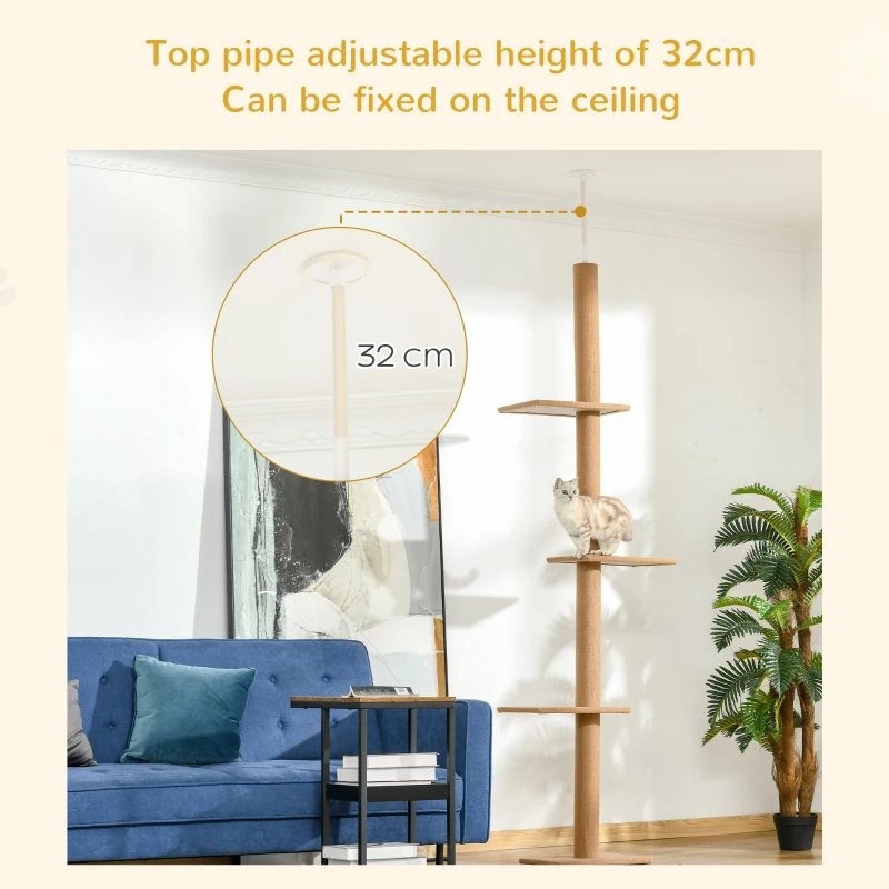 Árbol de Gato PawHut de Piso a Techo con Postes de Rastrillado de Sisal, Centro de Actividad Natural para Gatos, Color Marrón — imagen 4