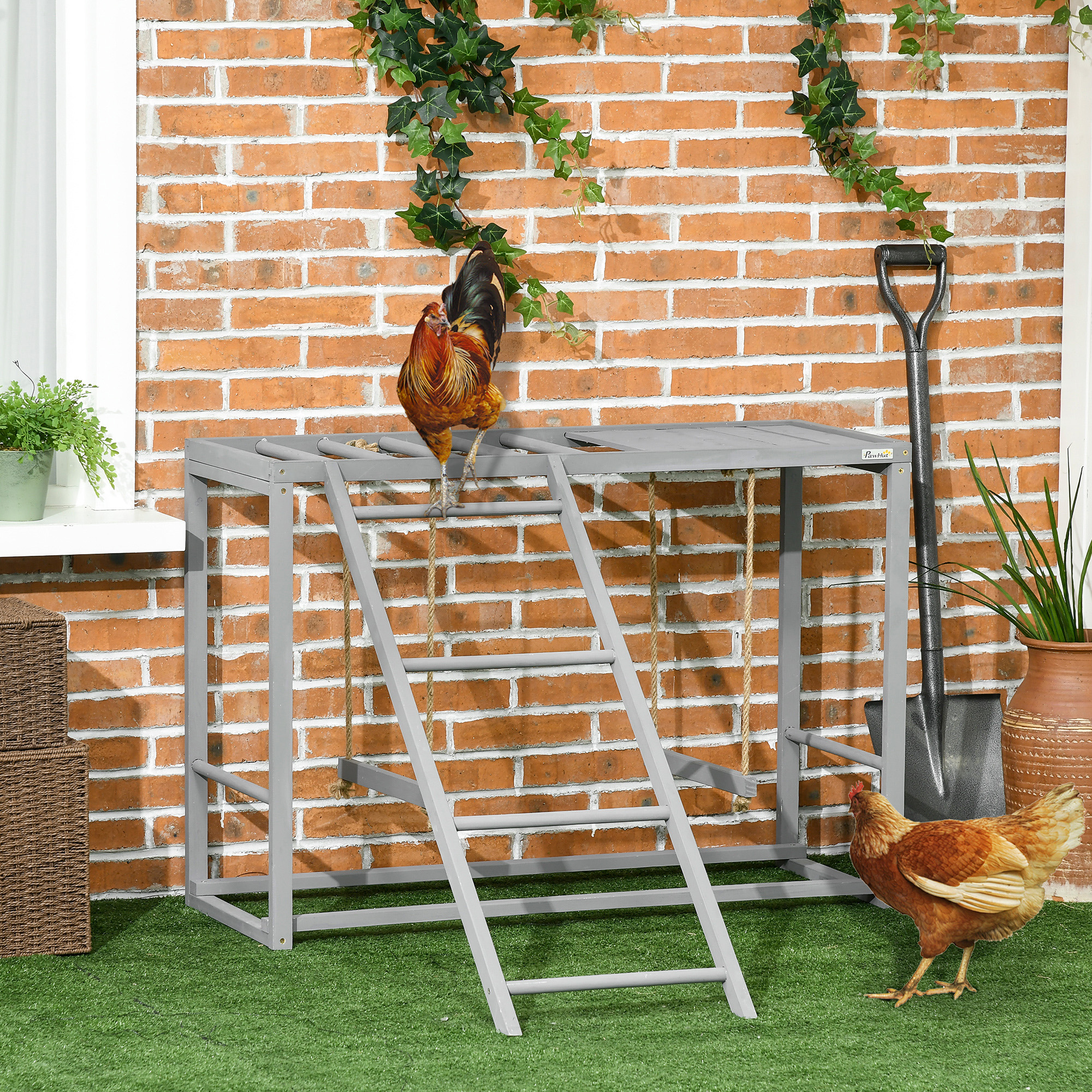 Chicken Activity Game With Swing Set For 3-4 Birds, Wooden Chicken Coop Accessory With Multiple Chicken Perches And Hen Ladder Grey — imagen 7