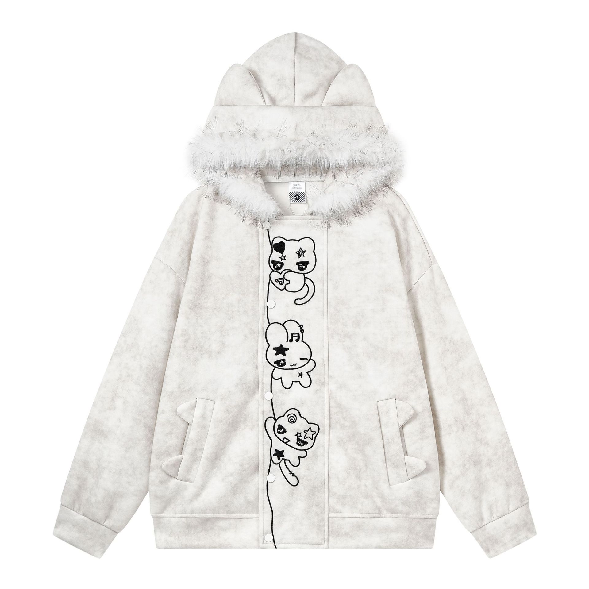 Women's Tie-Dye Hooded Cardigan with Cartoon Kitten Embroidery — image 1