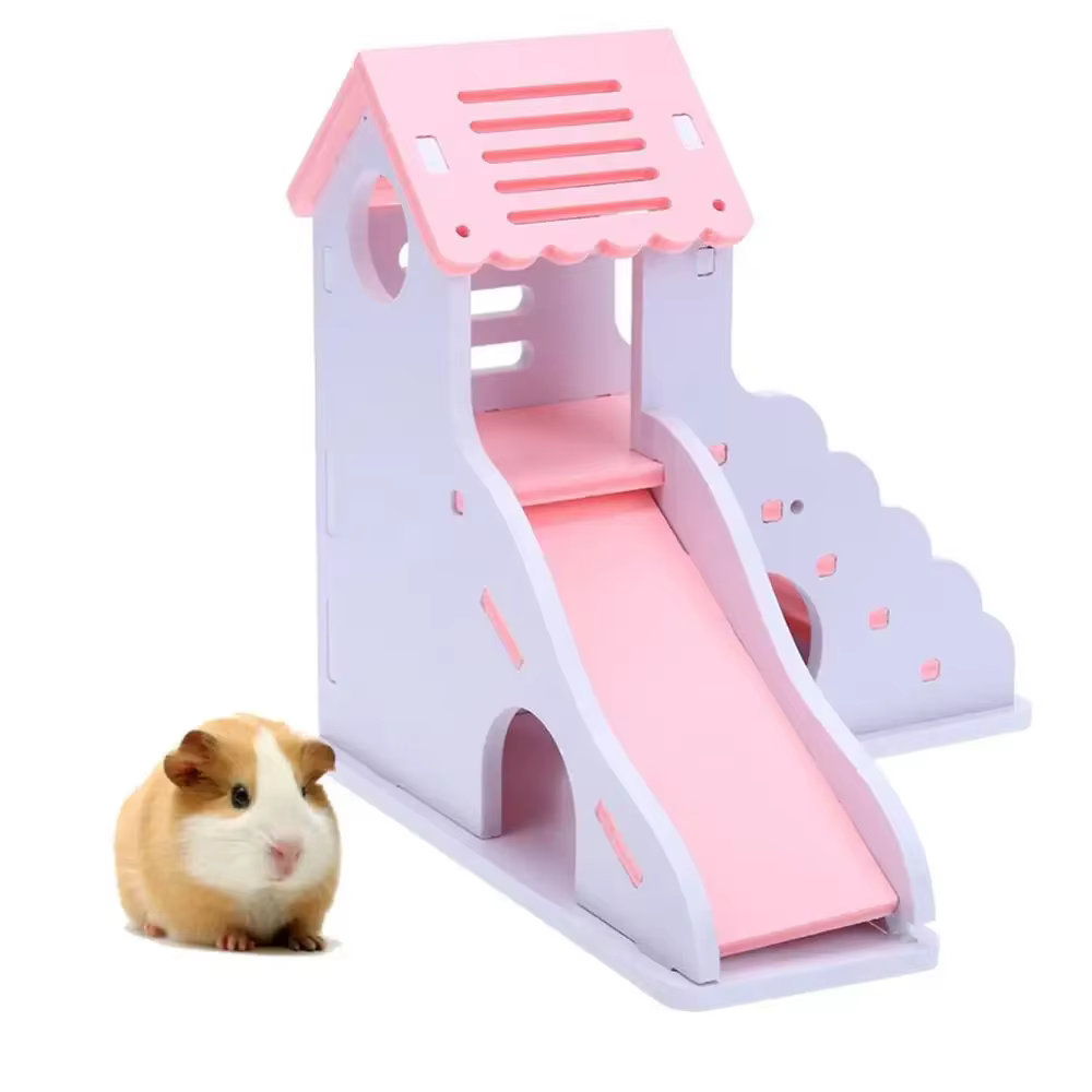 Colorful Mini Eco-board Wooden Slide DIY Assemble Hamster House Small Animals Pet Toy Double Stair-style Castle Pavilion Villa — image 2