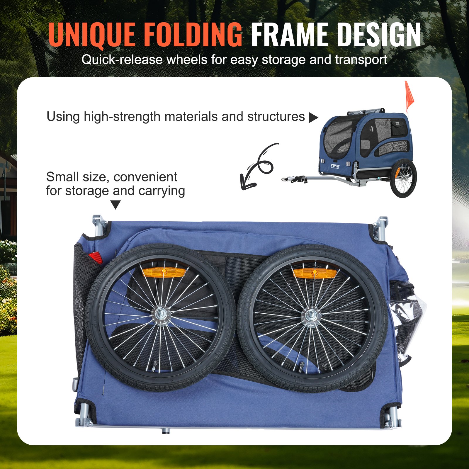 Pet Cart Bicycle Carrier, Easy Folding Frame With Quick Release Wheels, Universal Bicycle Coupler, Reflectors, Flag, Collapsible To Store, Blue Black — image 7