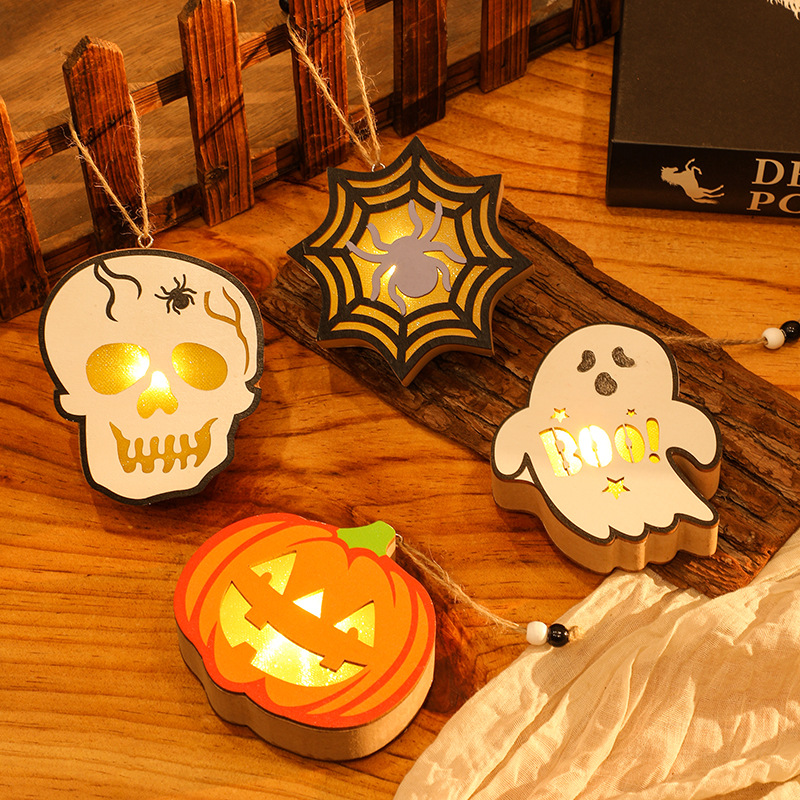 Halloween Decoration Pumpkin Lantern Wooden Skull Spider Halloween Scene Hanging Ornament Night Light — image 1