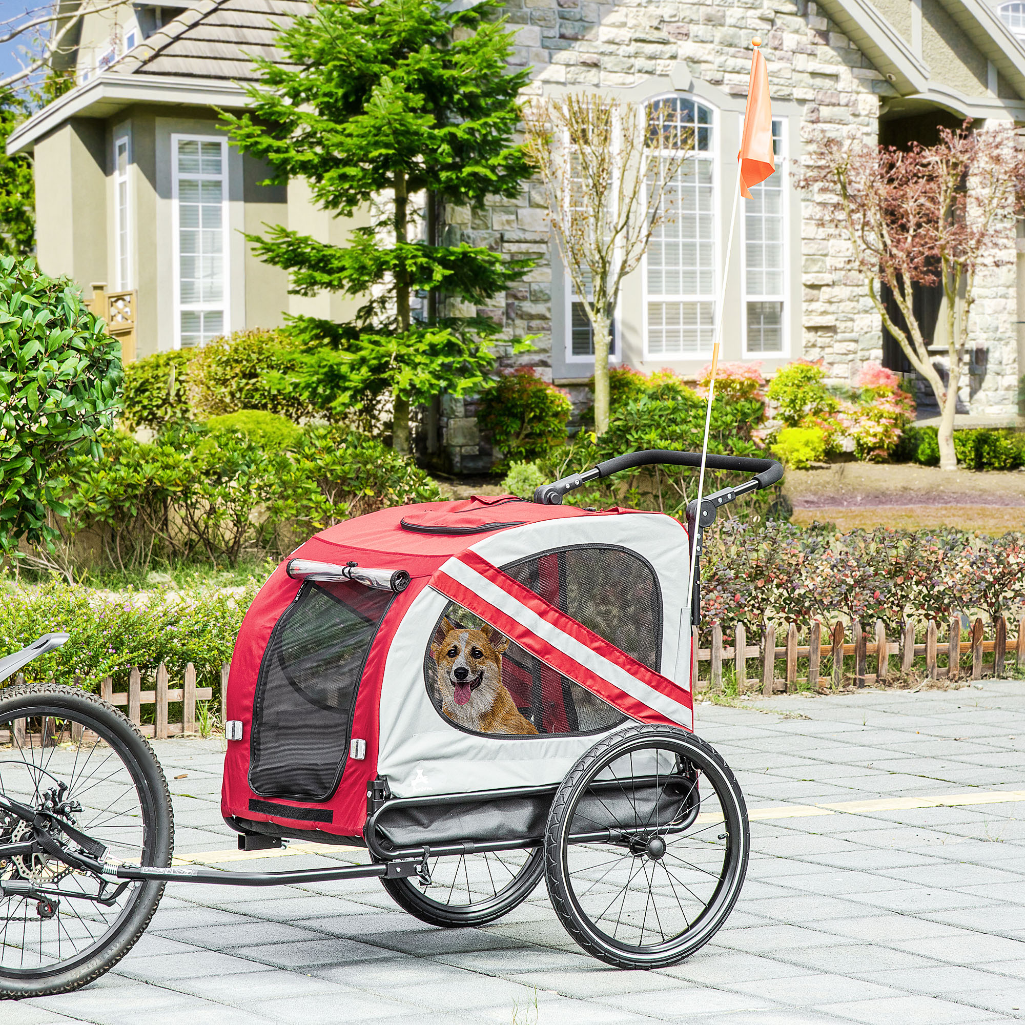 Remolque de Bicicleta 2 en 1 para Mascotas para Perros Pequeños y Medianos, Cochecito para Perros con Visibilidad Vial, Transportador para Bicicleta, Accesorio Lateral Resistente al Clima para Bicicleta, Rojo — imagen 1