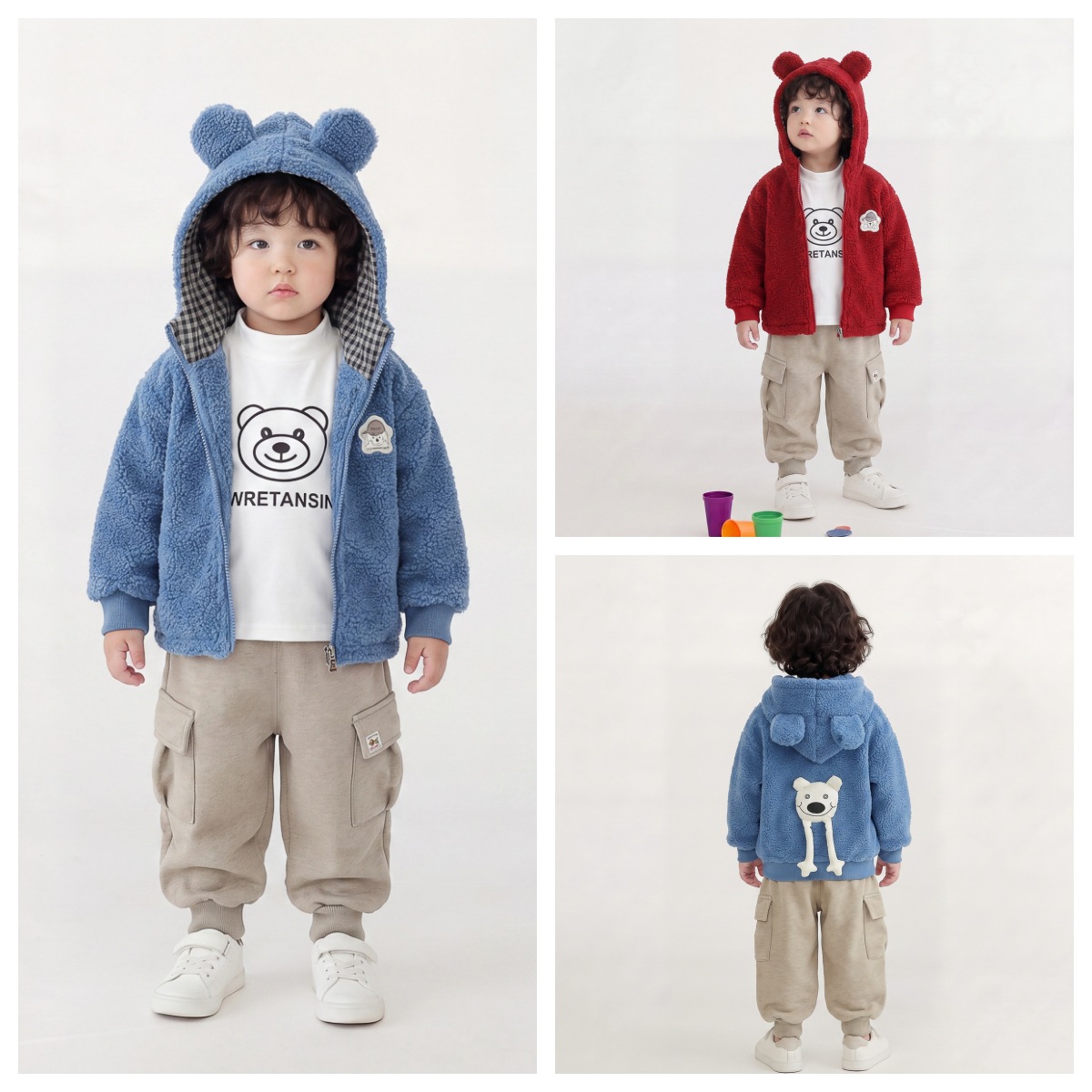 Boys Autumn Winter Fleece Lined Thickened Puppy Print Hooded 3-Piece Set Kids Clothes — image 1