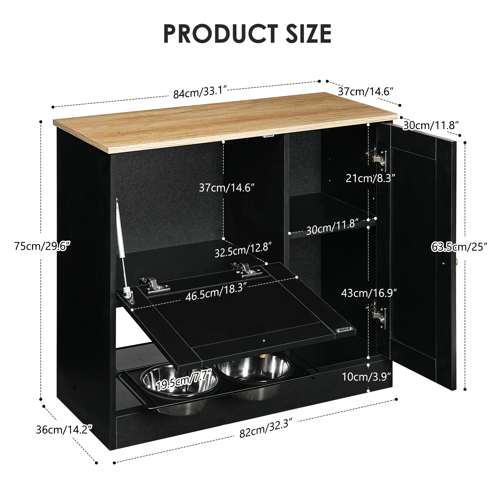 Feeding station with 2 lockers, pet feeding station with 2 elevated dog bowls, side hooks, anti-tipping kit, hidden pet feeding station for feeding and watering, rattan door, black — image 6