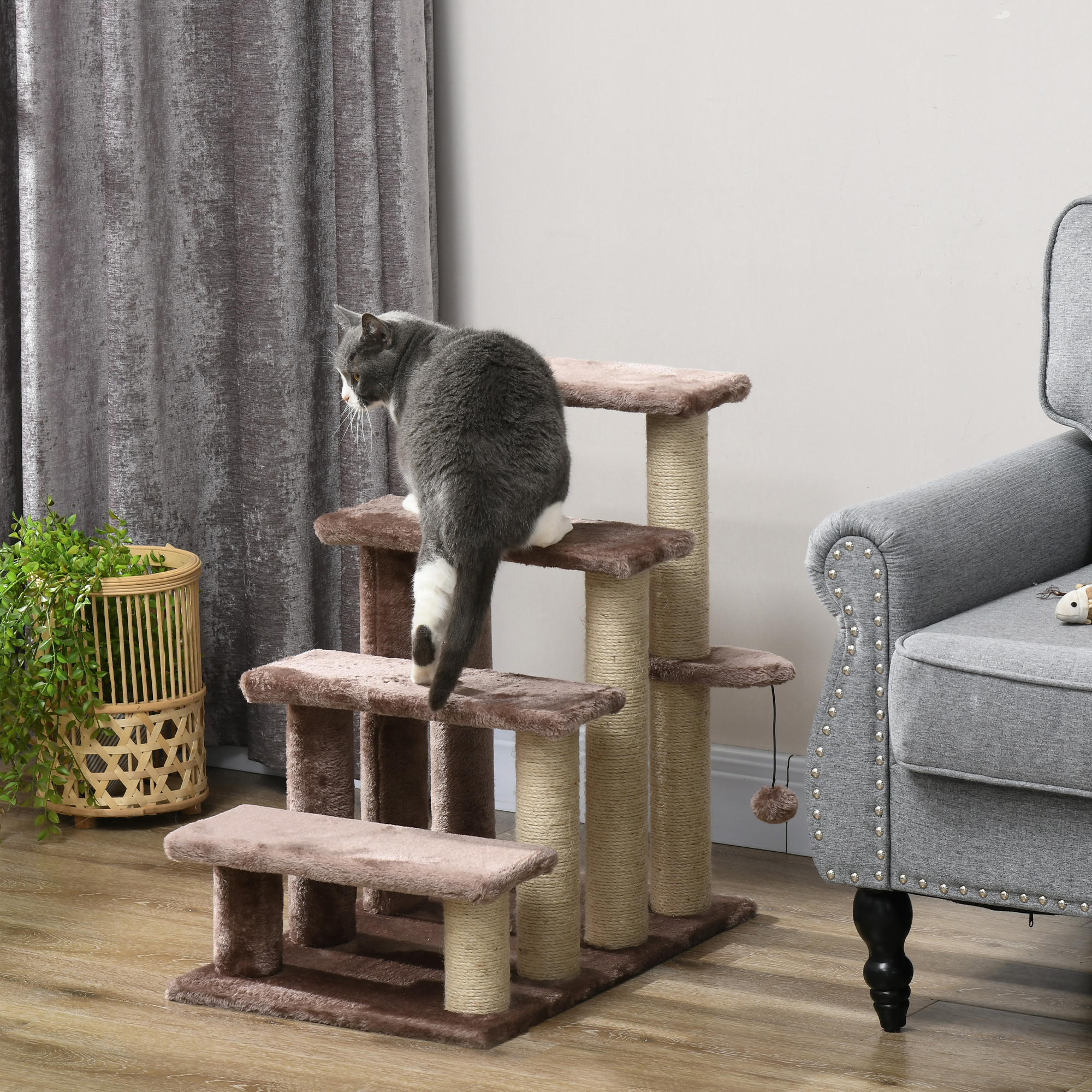 Escalones para Gatos de 4 Niveles con Postes Rascadores para Cama Alta, Sofá, Marrón — imagen 1