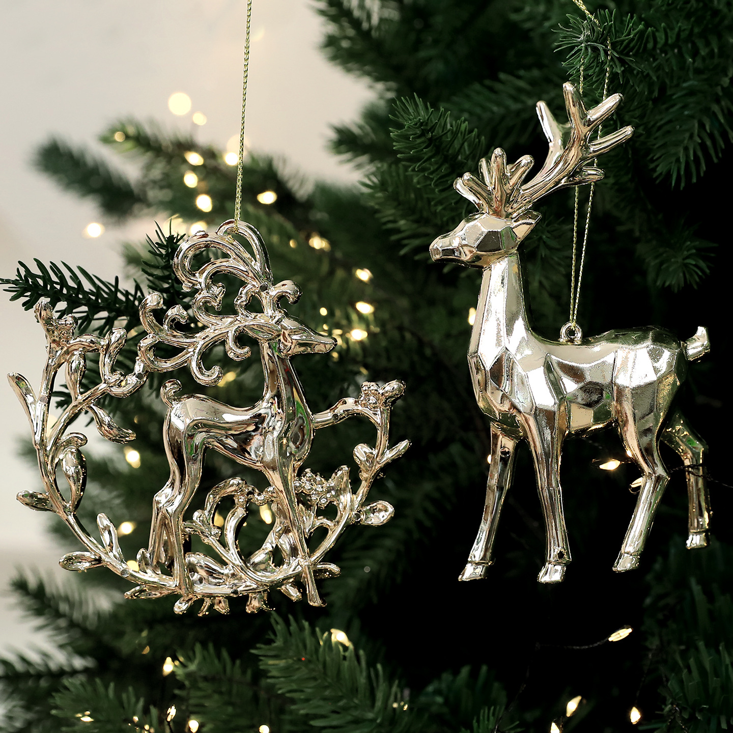 Festive Gold Plated Christmas Tree Ornament Accessories Snowflake Deer Holiday Decoration Hanging Decor — image 1