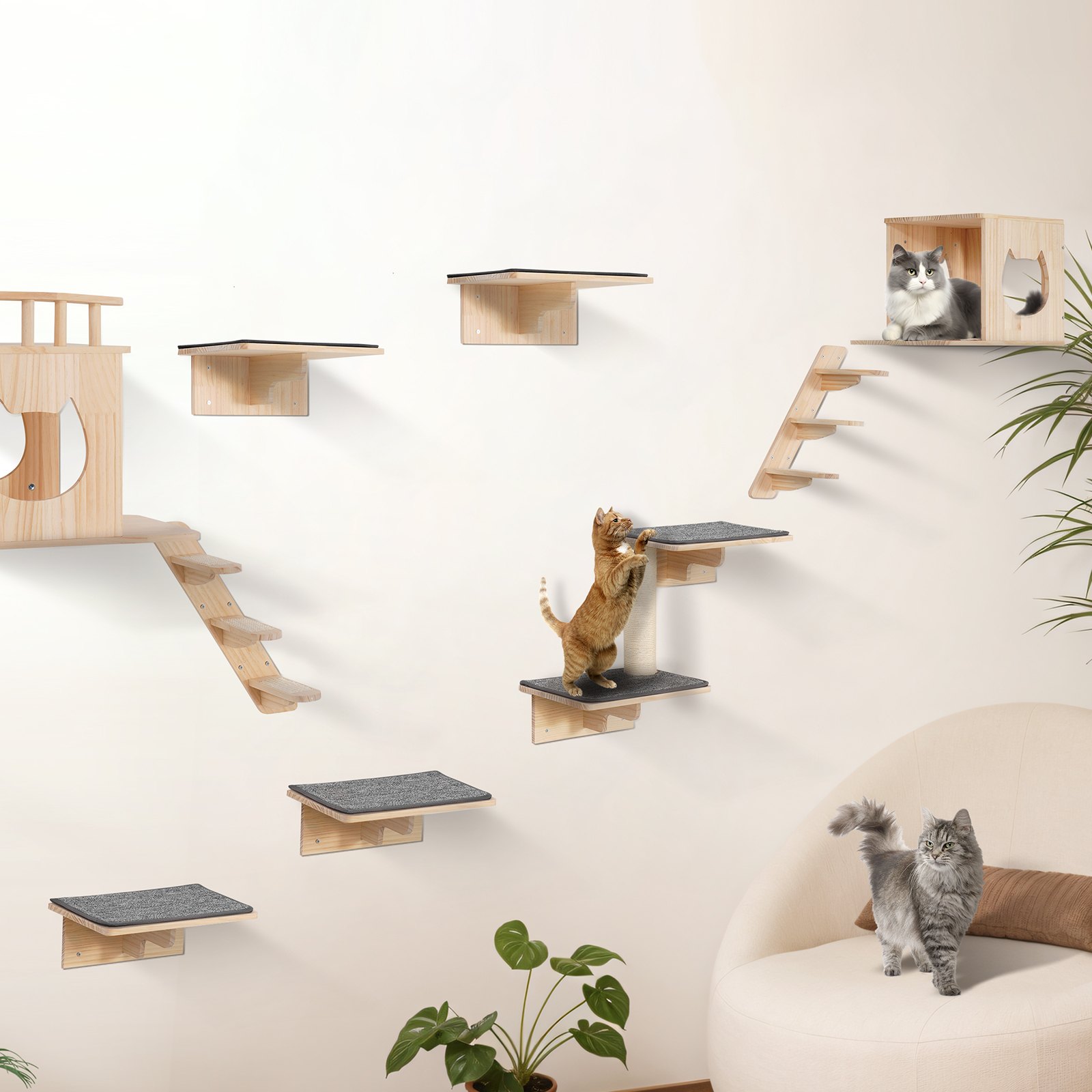 Wall Mounted Cat Shelves Tree With Jumping Boards Nests Hammock Set Of 9 — imagen 1