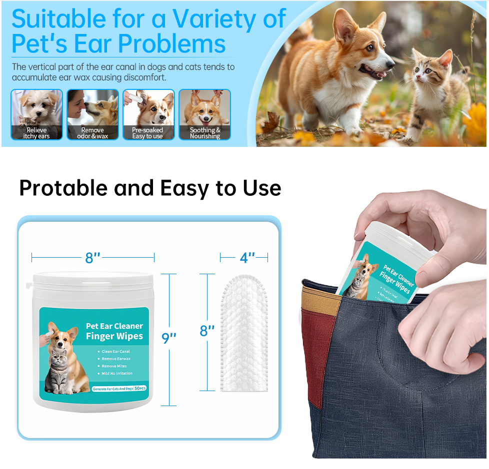 Pet Eye Drops Dog Ear Wipes Finger, Ear Finger Wipes For Dogs & Cats, Ear Cleaner Finger Wipes For Ear Wax, Debris, Deodorizes, Relieve Ear — image 2