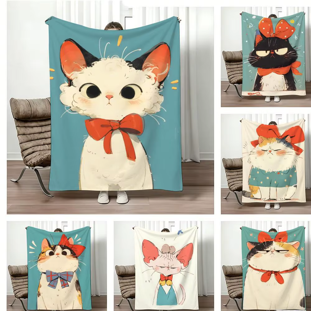 Illustration B-Bow Tie Cats Throw Lightweight 240g Flannel Blanket Soft Skin-friendly for Summer Cooling — image 1