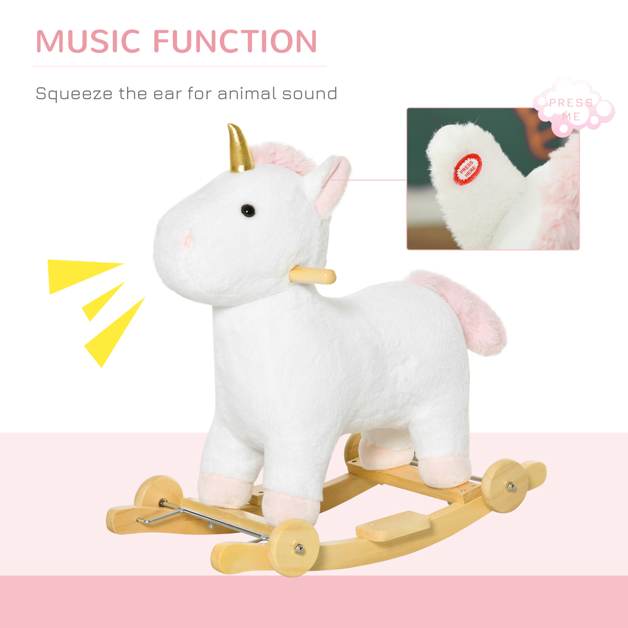 Caballito Mecedor 2 en 1 para Niños, Unicornio con Ruedas y Sonido, Base de Madera, Pedal, Manija de Agarre, Para Niños de 3-6 Años, Blanco — imagen 5