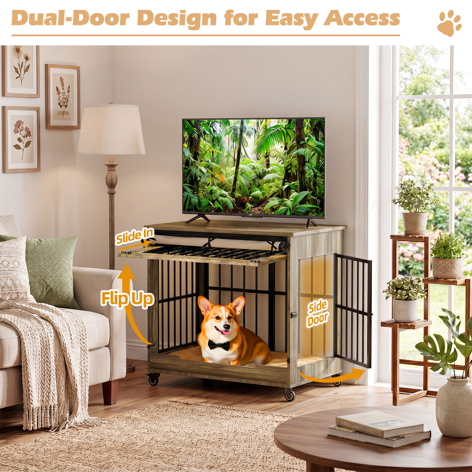 Dog Crate Furniture, Double Door Wooden Indoor Dog Kennel Furniture, Decorative Pet Cage End Table With Wheels For Medium And Small Breed Dogs, Size M, Greige — image 33