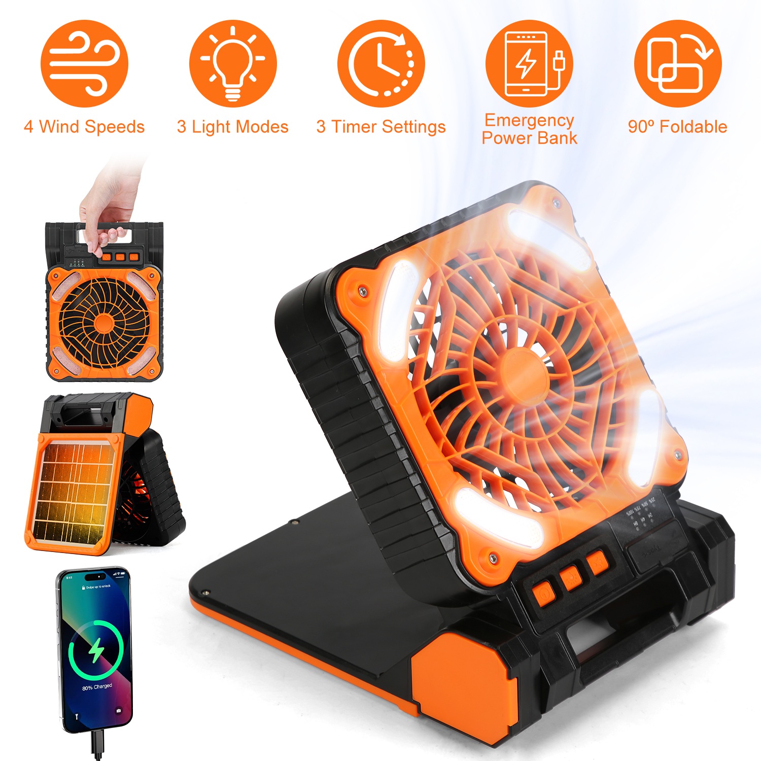 Solar Camping Fan With LED Lantern 5200mAh Rechargeable Battery Operated Portable Fan With Emergency Power Bank 4 Wind Speeds 3 Light Modes 3 Timers For Hiking Fishing Travel — image 13