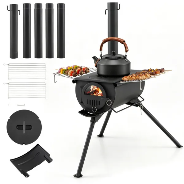 Estufa Portátil Plegable de Leña para Tiendas de Campaña con 5 Secciones de Chimenea, Estructura de Acero de Alta Resistencia para Camping y Caza con Ventana de Visión y Alistamientos de Cocina — imagen 6