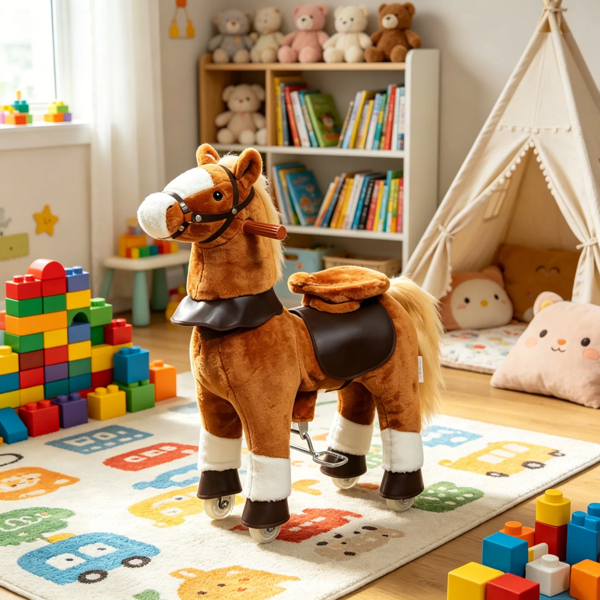 Kids Riding Pony Ride on Horse Toy for Outdoor Activity, Wheels & Neighing Sounds 3-5 Years