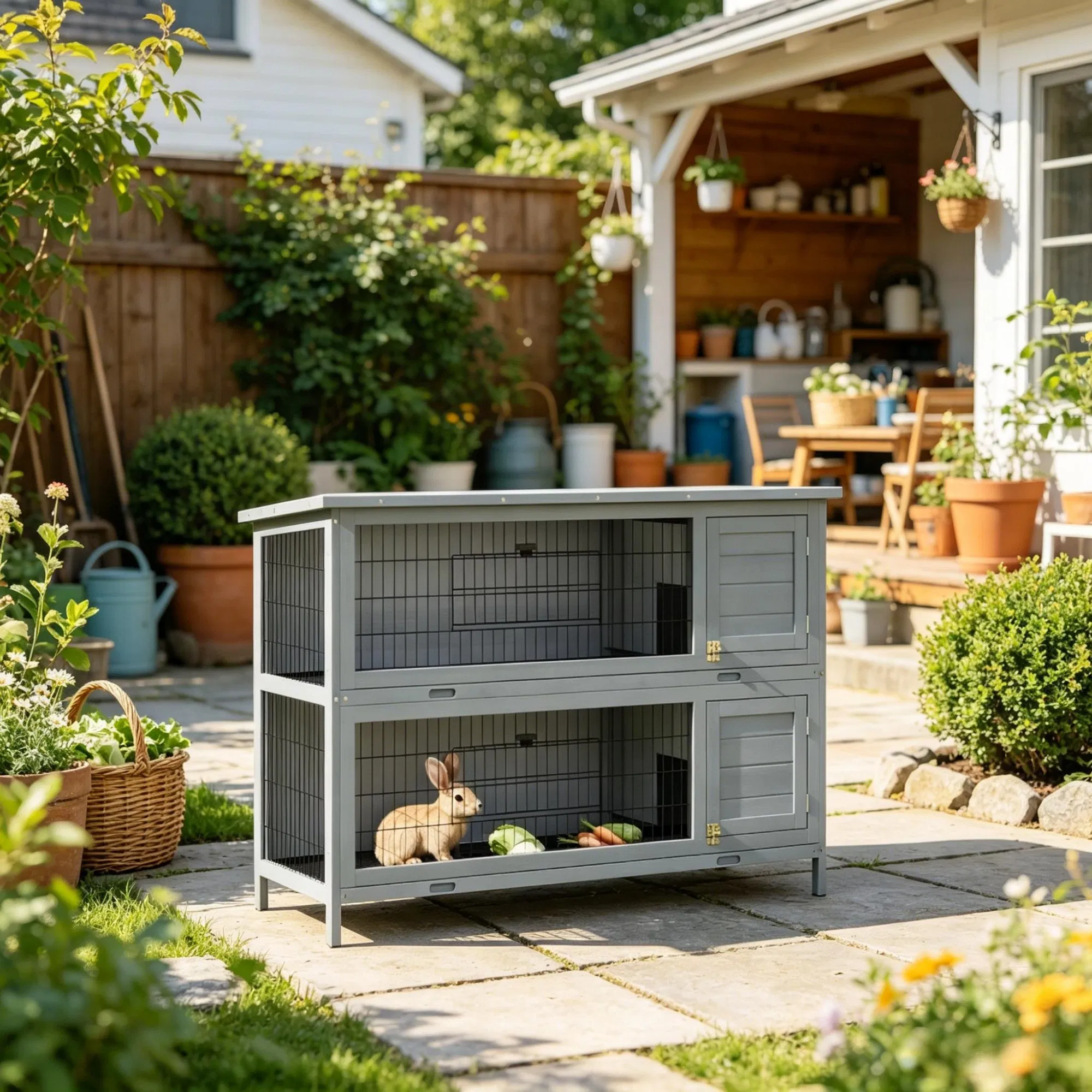 54" 2-Story Large Rabbit Hutch, Bunny Cage, Wooden Pet House, Small Animal Habitat, Gray with Lockable Doors, Tray, Roof — image 4