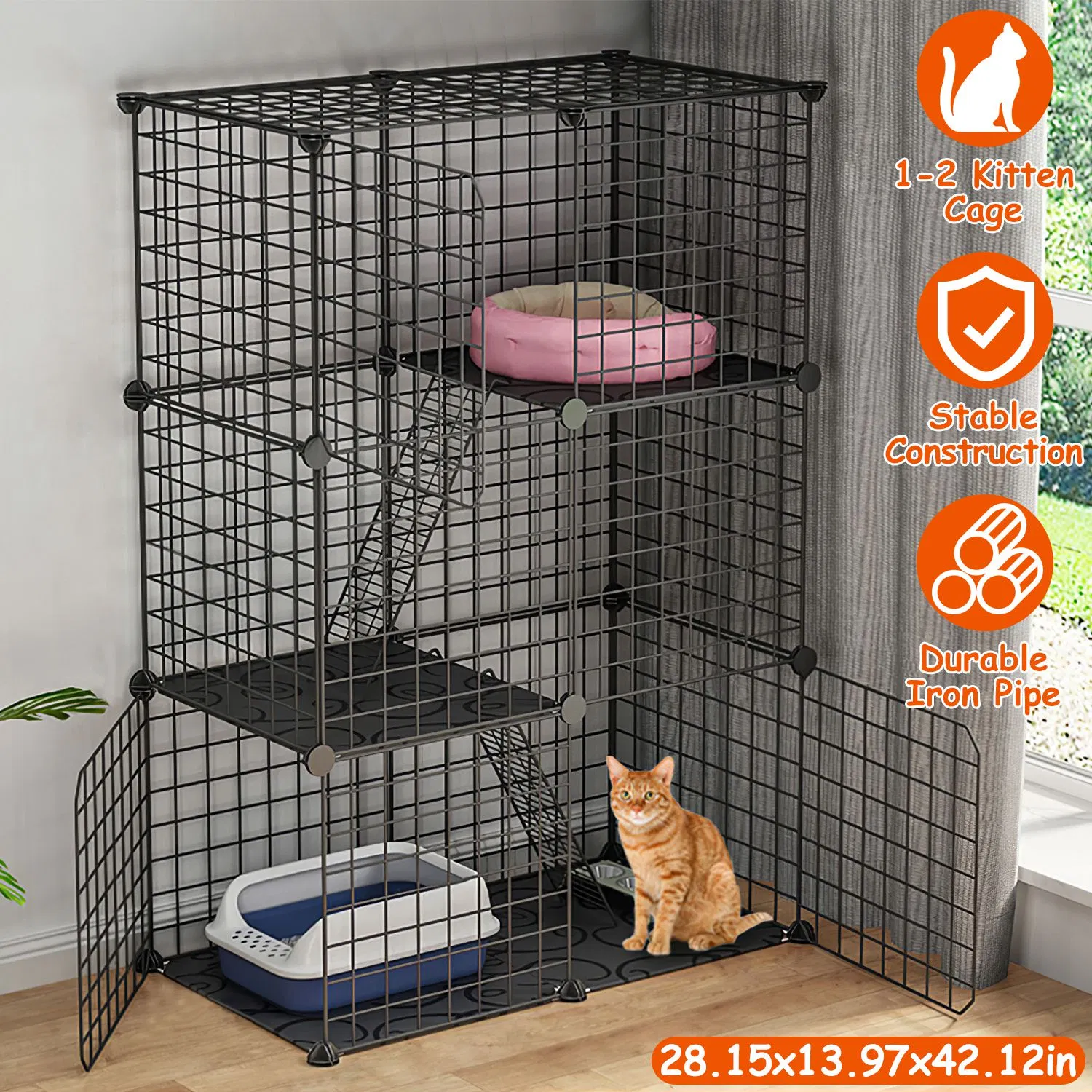 Cat Cage DIY Indoor Pet Home Small Animal House Detachable Playpen with 3 Doors 3 Tiers for Kitten Puppy Bunny Exercise. (Black, 28.15x13.97x42.12in) — image 7