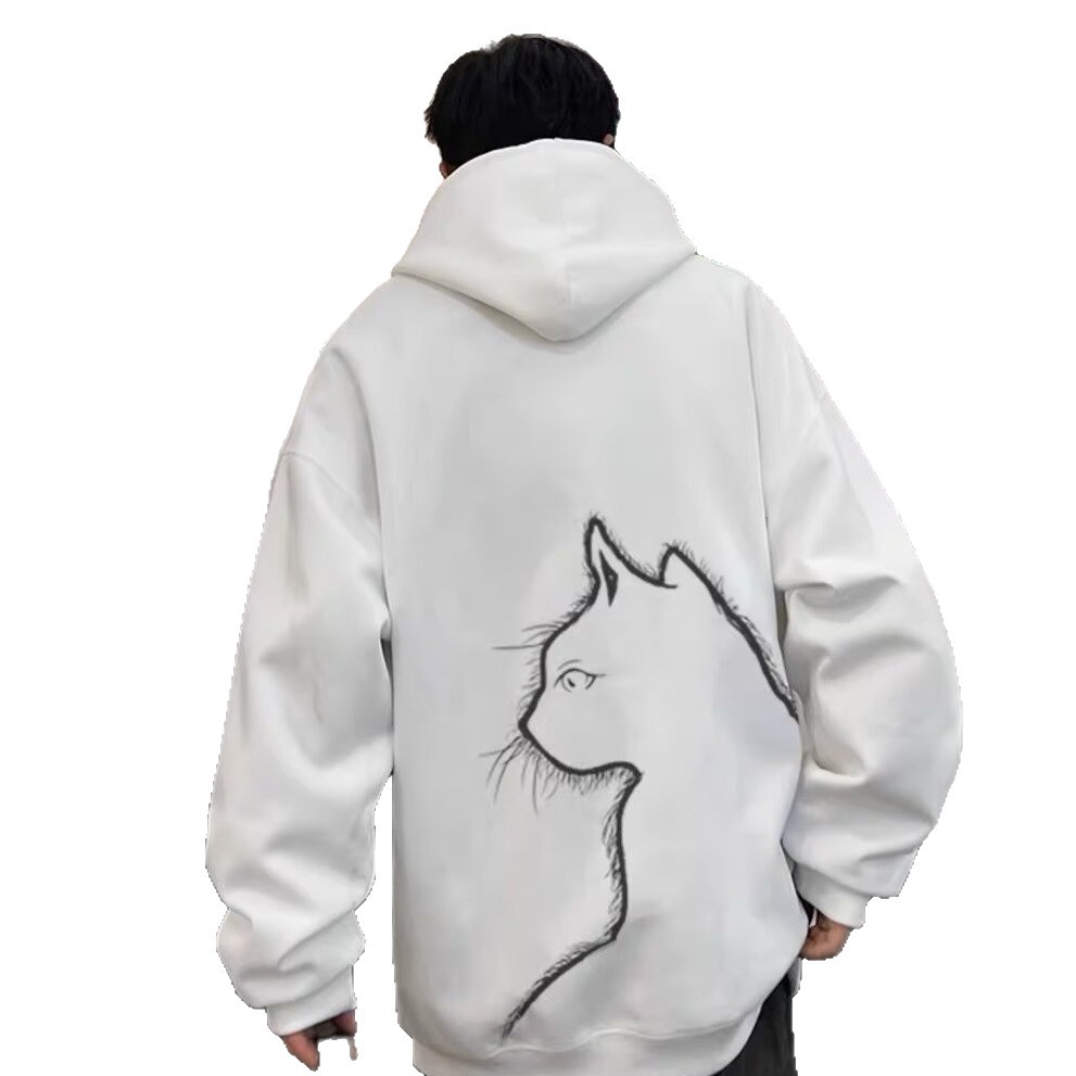 Unisex Casual Cartoon Cat Print Long Sleeve Fleece Lined Hooded Sweatshirt — image 6