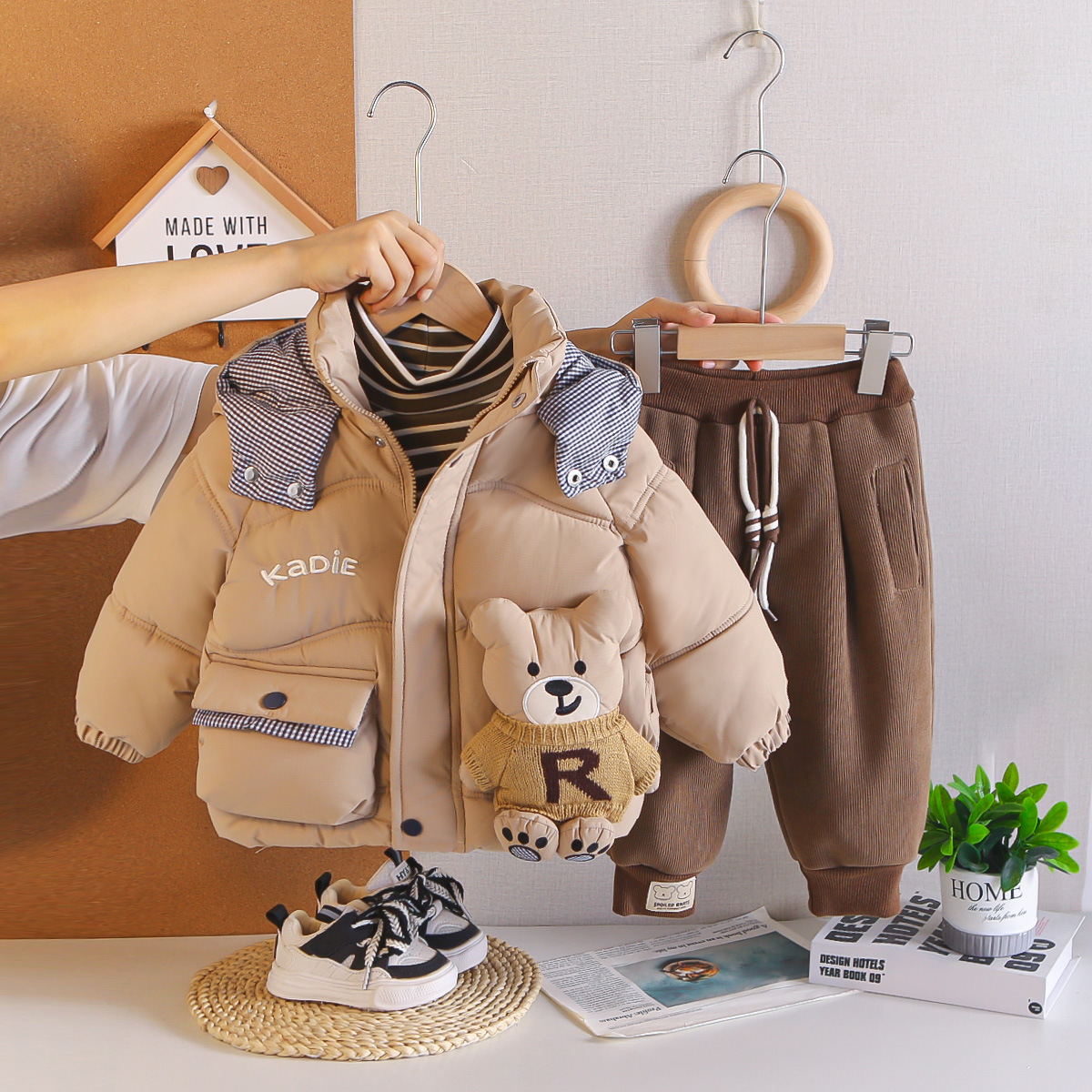 Boys Winter Warm Fleece-Lined 3-Piece Set Bear Pattern Cotton Padded Jacket Outfits Toddler Clothes — image 5