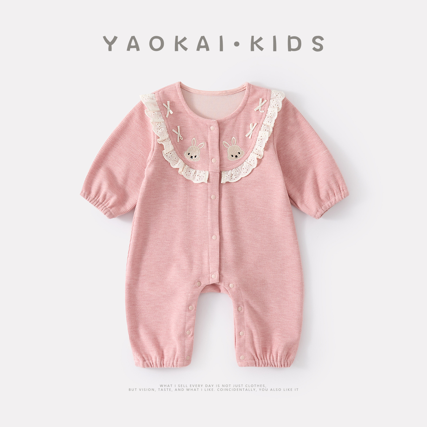 Knit Rabbit Romper for Girls, Lace Collar Cartoon Full-Opening Long Bodysuit — image 3