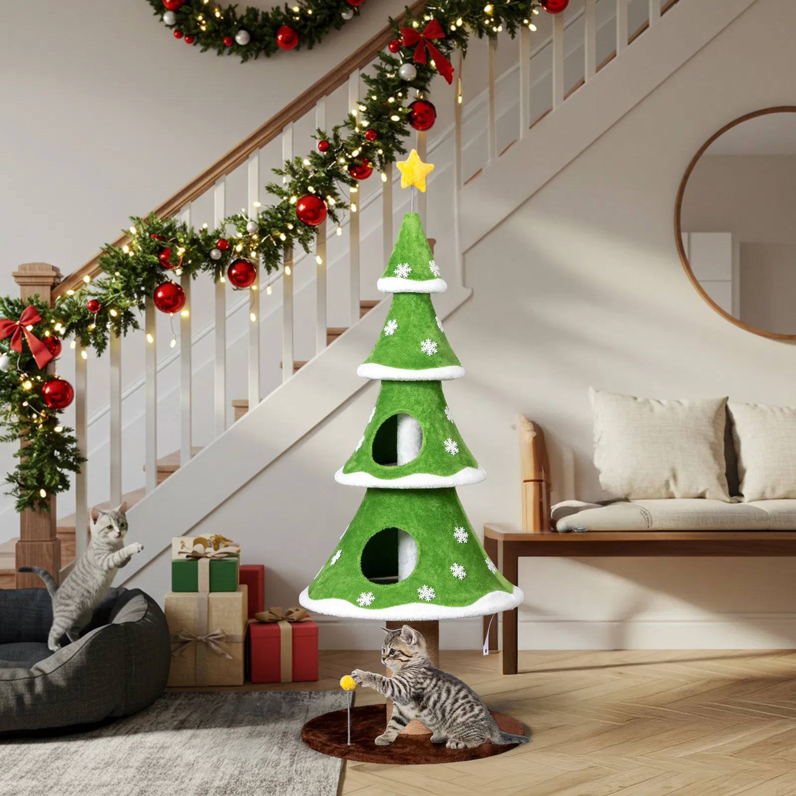 Large Tall Christmas Tree Cat Tower with 2 Cat Condos & Scratching Post, Soft Fleece Cat Tree with Teaser Toy & Sturdy Base & Built-in Openings for Indoor Cats, Green & White — image 7