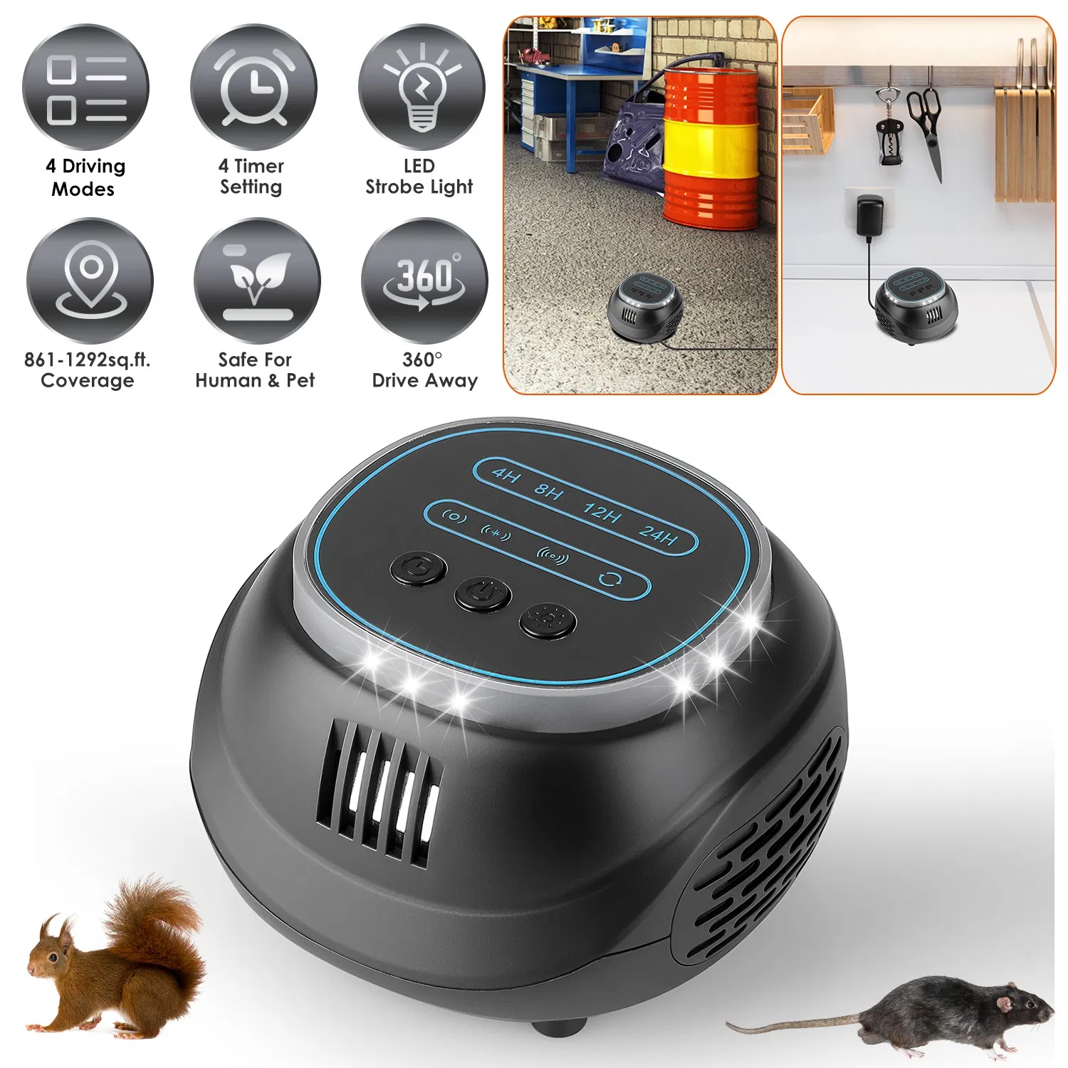 Ultrasonic Rodent Chaser Rat Repellent Pest Driver Mouse Control Squirrel Repeller With 4 Modes 4-65KHz Strobe Light 4 Timer 1292sq.ft. Coverage For Rodent Mouse Rats Squirrels Bats GPCT5491 — image 1