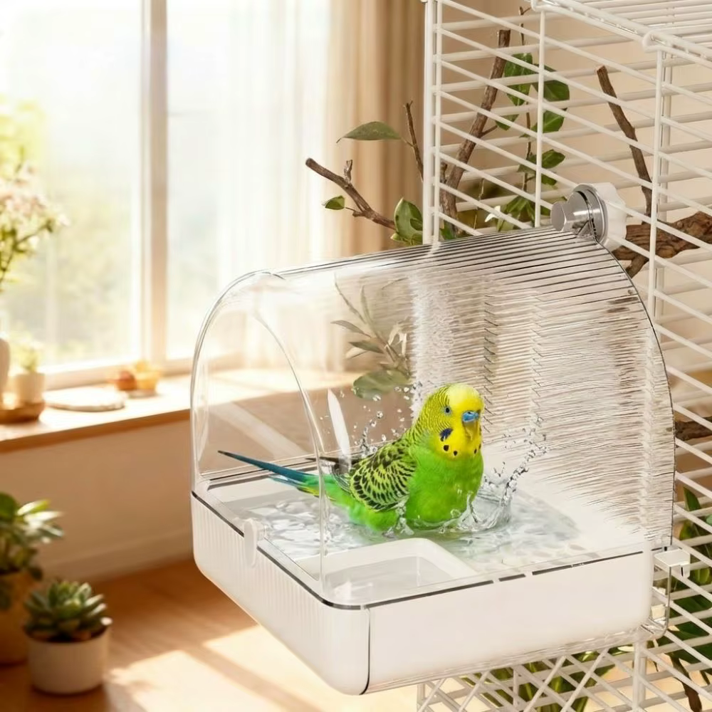 Transparent Bird Bath Cage Splash Proof Food Holder Box Bird Birdbath Feeder Bottom Drawer Screw Hooks Parrot Shower Box — image 3