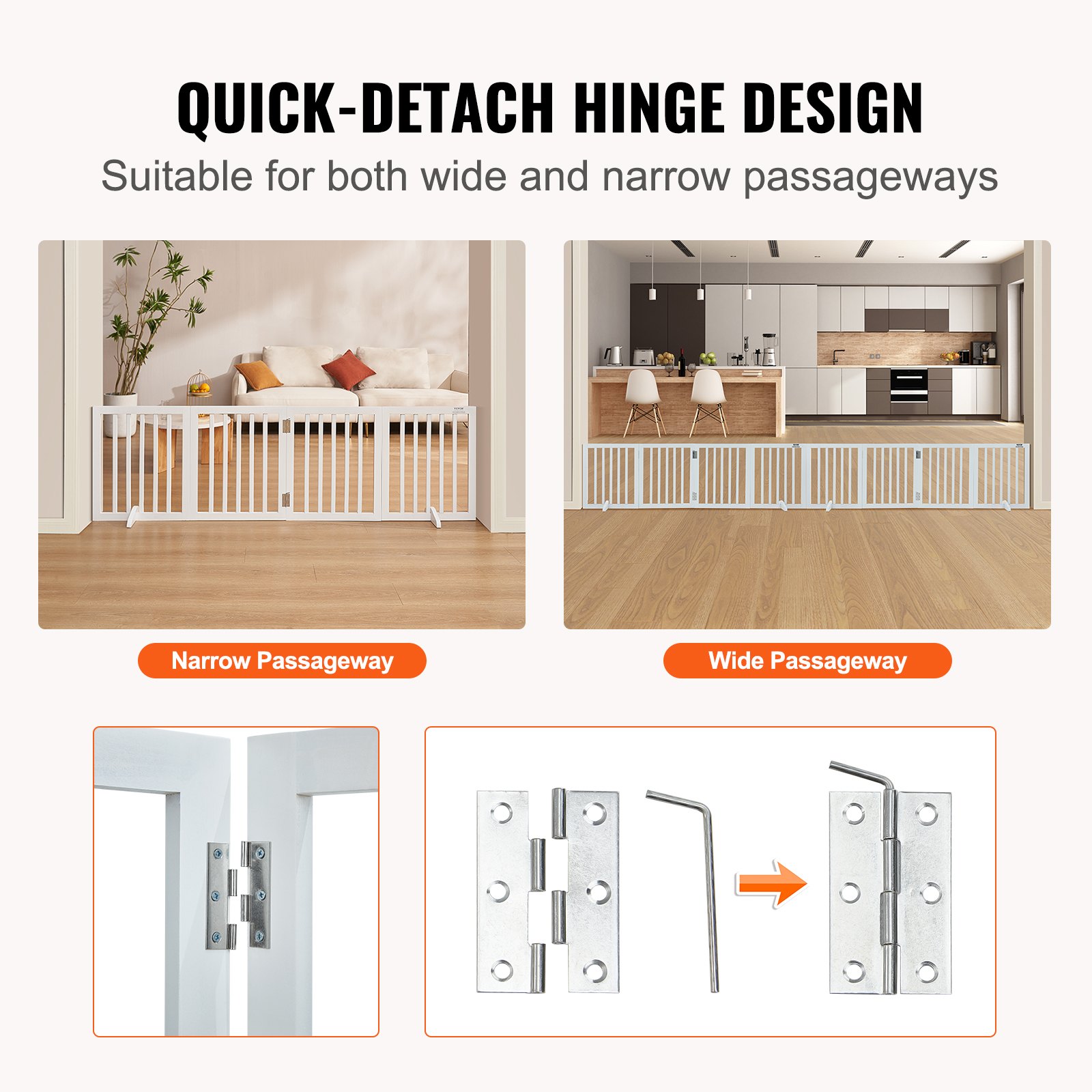 Puerta para Perros Libre de Pie, 24" H x 80.3" A, Barra de Mascotas Freestanding con 4 Paneles Reversible y Plegable para Pasillos Estrechos y Anchos, Barrera Expansiva para Mascotas con Soportes Silenciosos para Interior, Blanco — imagen 2