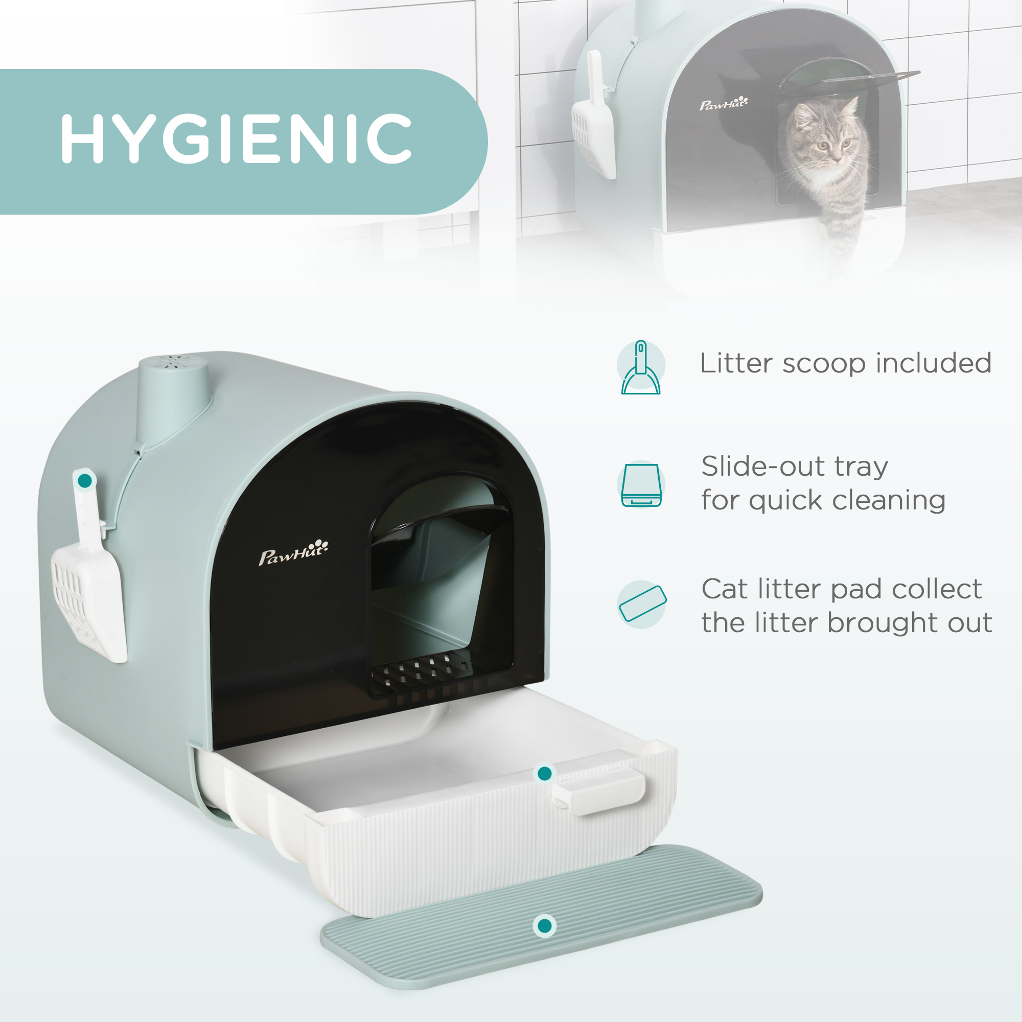 Caja de Arena para Gatos Acristalada con Diseño con Cerradura y Cajón, Protección contra Escapes y Gotas, para Gatos Individuales desde Kitten hasta Adulto, con Cuchara y Manta, Limpieza Fácil, Control de Olor Verde — imagen 7