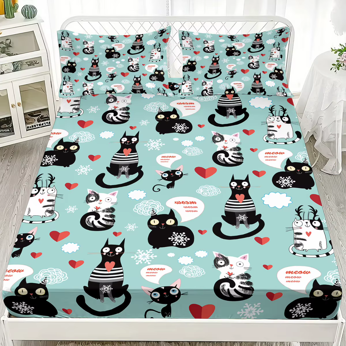 Set de Sábanas de 3 Piezas con Estampado de Gatito Tierno, Sin Costuras, Múltiples Tamaños, Cubierta de Cama Suave, Decoración de Dormitorio Lavable a Máquina — imagen 1