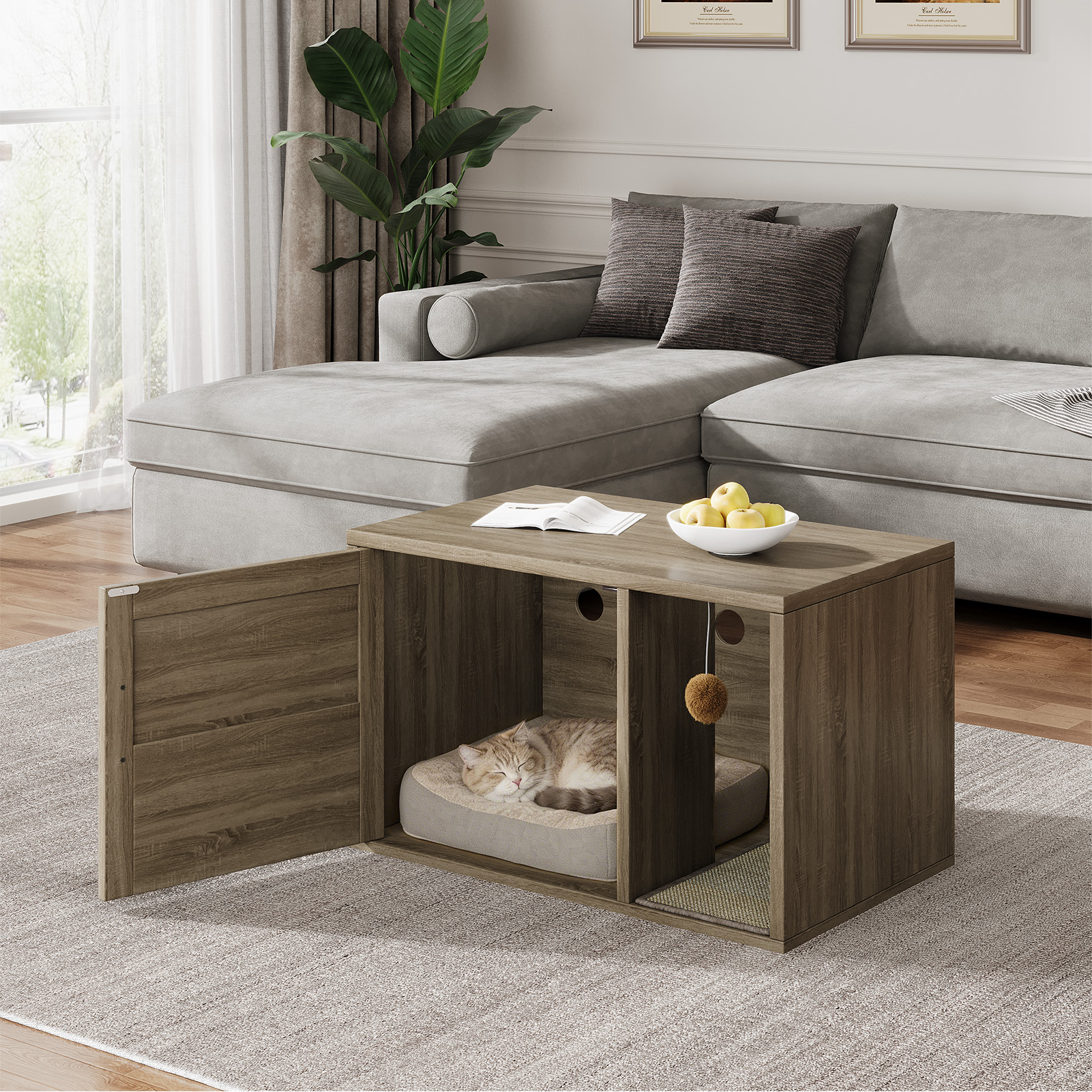 Cat Litter Box Enclosure Furniture Cabinet Odor Control With Scratching Pad Wooden Cat House Side End Table For Living Room Bedroom — image 5