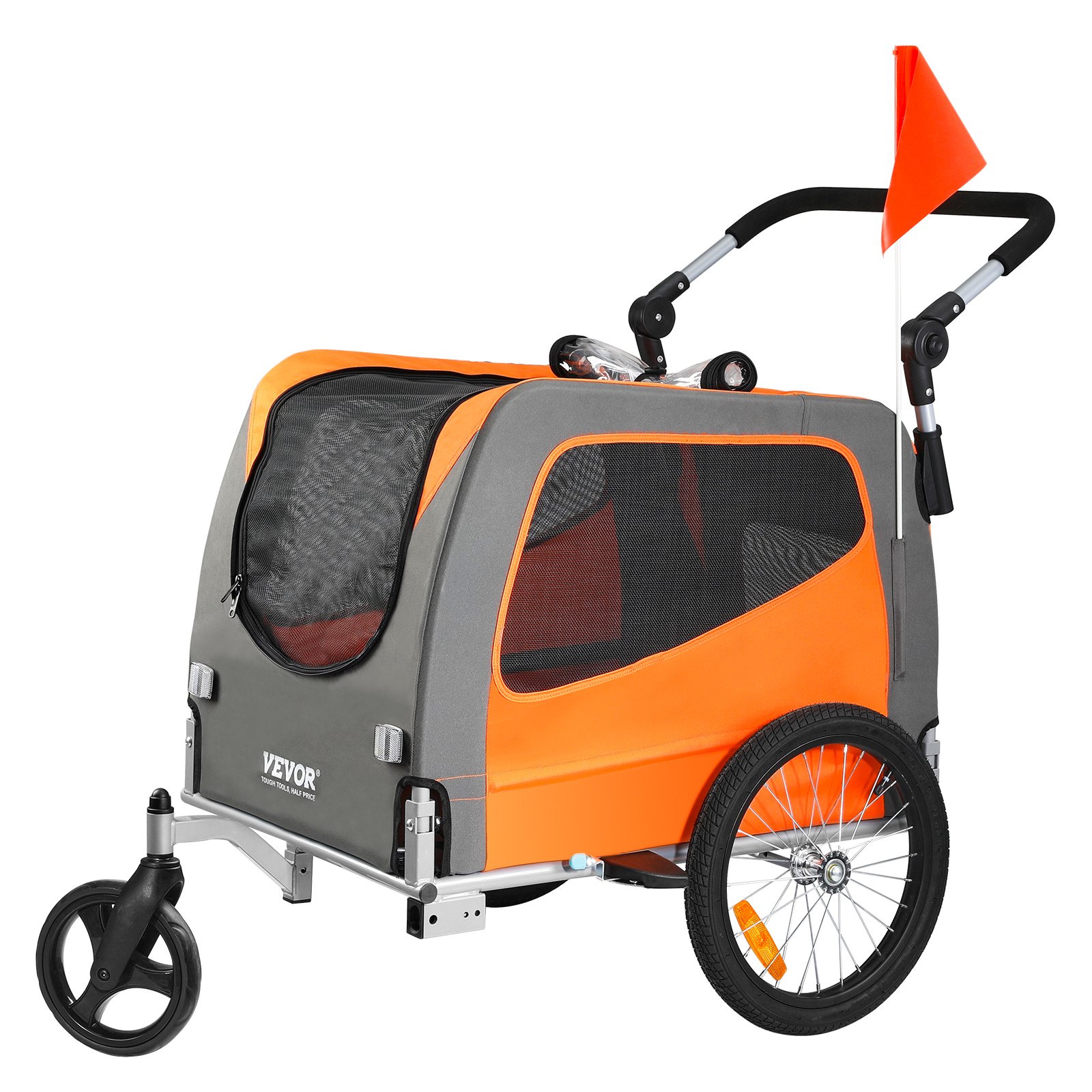 Dog Bike Trailer, Supports Up To 66 Lbs, 2-in-1 Pet Stroller Cart Bicycle Carrier, Easy Folding Cart Frame With Quick Release Wheels, Universal Bicycle Coupler, Reflectors, Flag, Orange/Gray — image 1