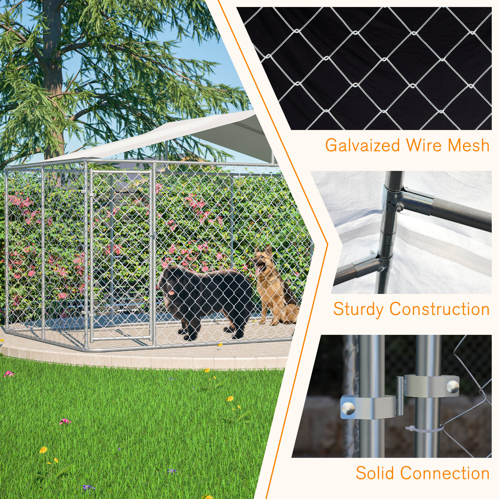 Cubo de Perro Externo Resistente 13,1x7,5x7,6 m, Jaula de Enlace Galvanizado con Cubierta Anti-UV Impermeable y Cerradura Segura para Ejercicio Grande de Perros Pequeños y Mascotas Menores — imagen 3