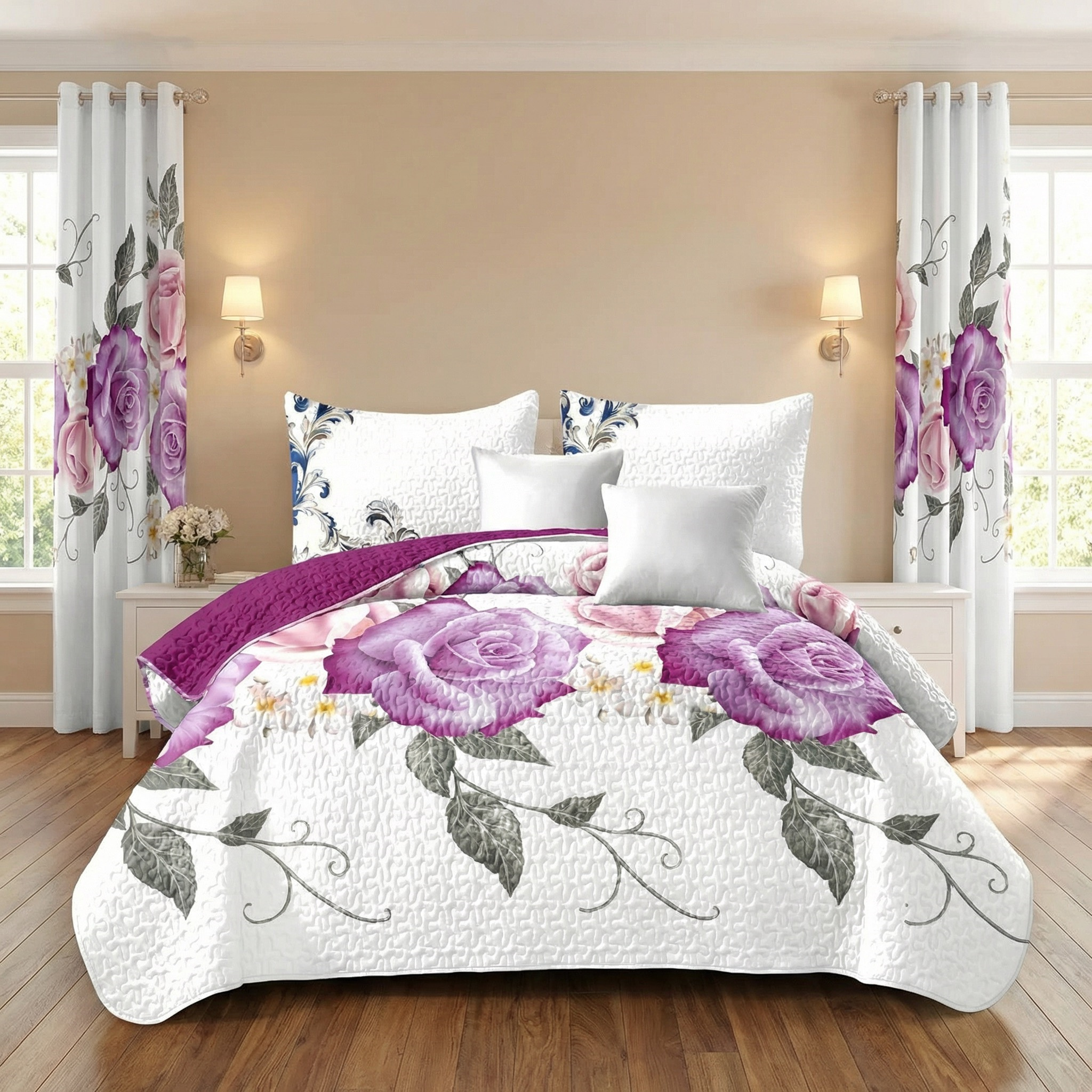Set de Edredón y Cortinas de 9 Piezas 'Habitación en una Bolsa', Diseño Americano con Estampado Floral de Rosas Magenta y Morado Intenso, Colcha Gruesa con 6 Paneles de Cortina Personalizables, Apto para Mascotas de Alto Gramaje — imagen 14