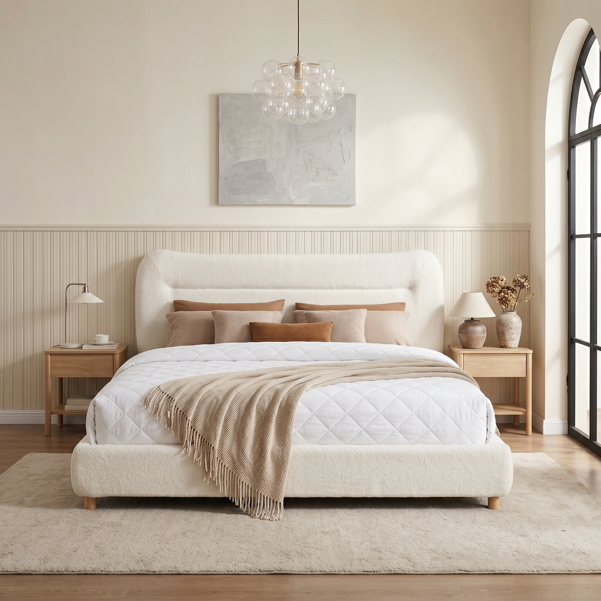 Cabezal de Cama Curvo Minimalista con Oso de Peluche, Reina, Crema — imagen 3