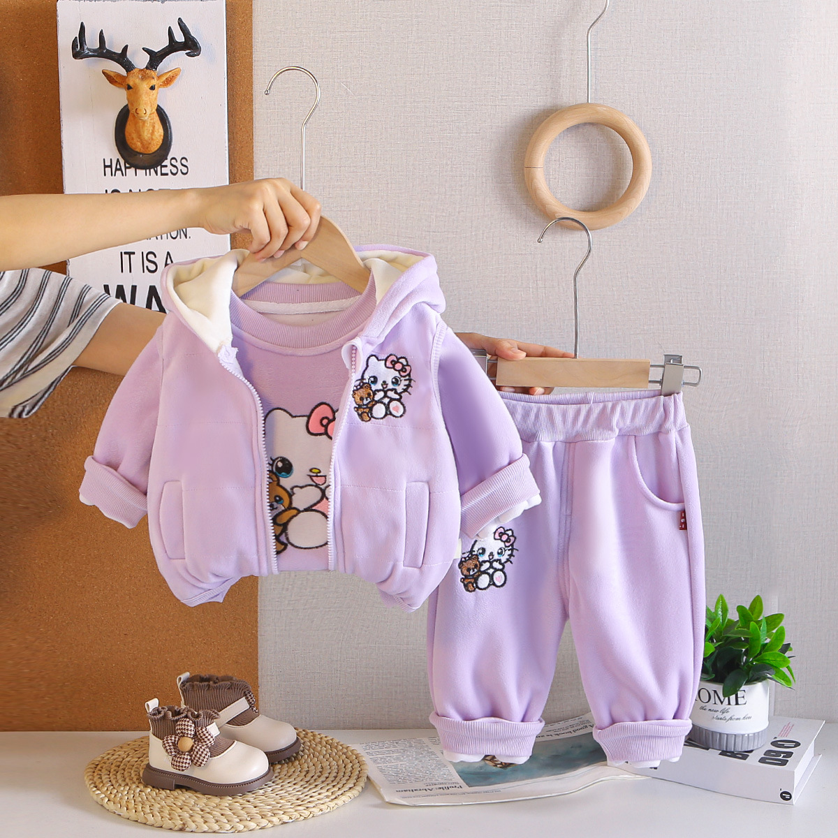 Girls Autumn Winter 3-Piece Set with Cat and Bear Print for Toddlers — image 4