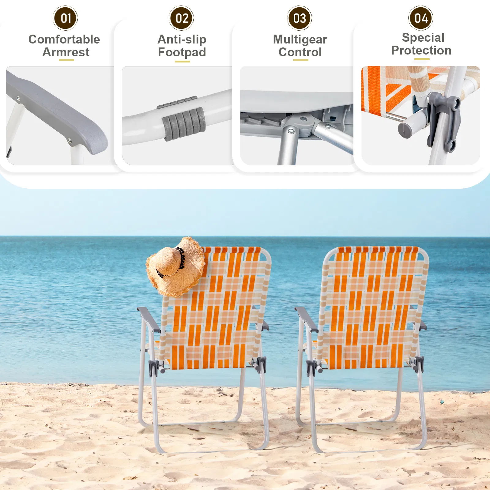 Set of 2 Webbed Folding Beach Chairs, Outdoor Patio Lawn Foldable Chairs for Camping Fishing Yard Poolside BBQ, Orange & White — image 10